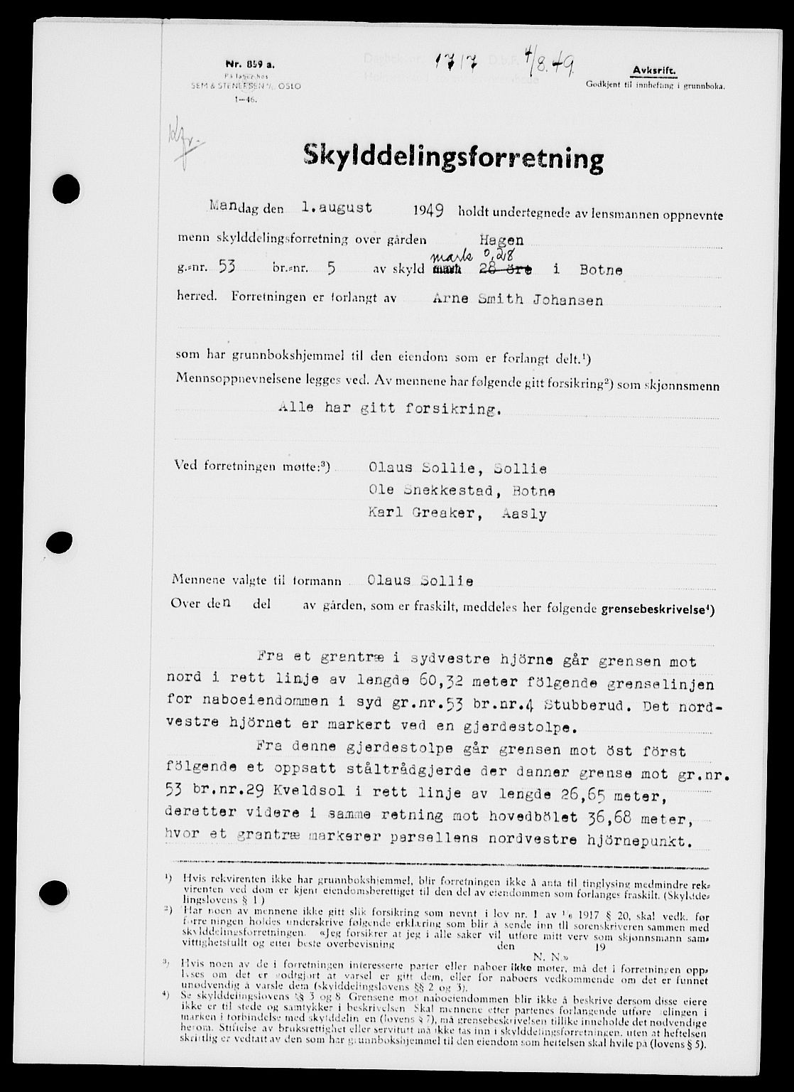 Holmestrand sorenskriveri, SAKO/A-67/G/Ga/Gaa/L0067: Pantebok nr. A-67, 1949-1949, Dagboknr: 1717/1949