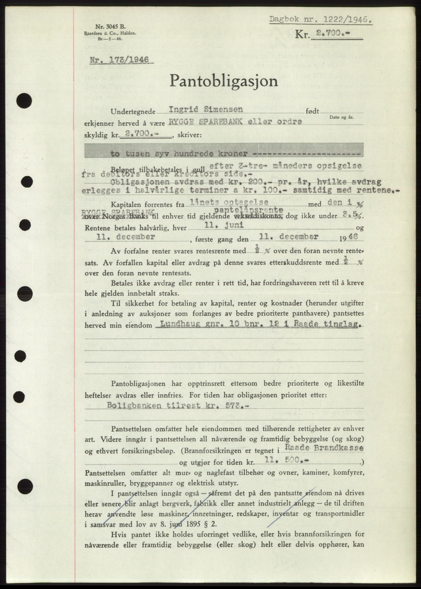 Moss sorenskriveri, SAO/A-10168: Pantebok nr. B15, 1946-1946, Dagboknr: 1222/1946