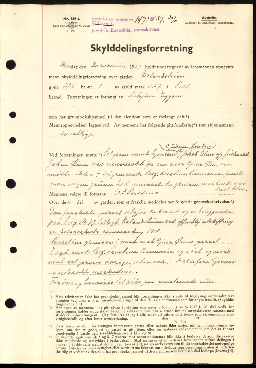 Nord-Gudbrandsdal tingrett, SAH/TING-002/H/Hb/Hbb/L0005: Pantebok nr. FA5, 1939-1940, Dagboknr: 1473/1939