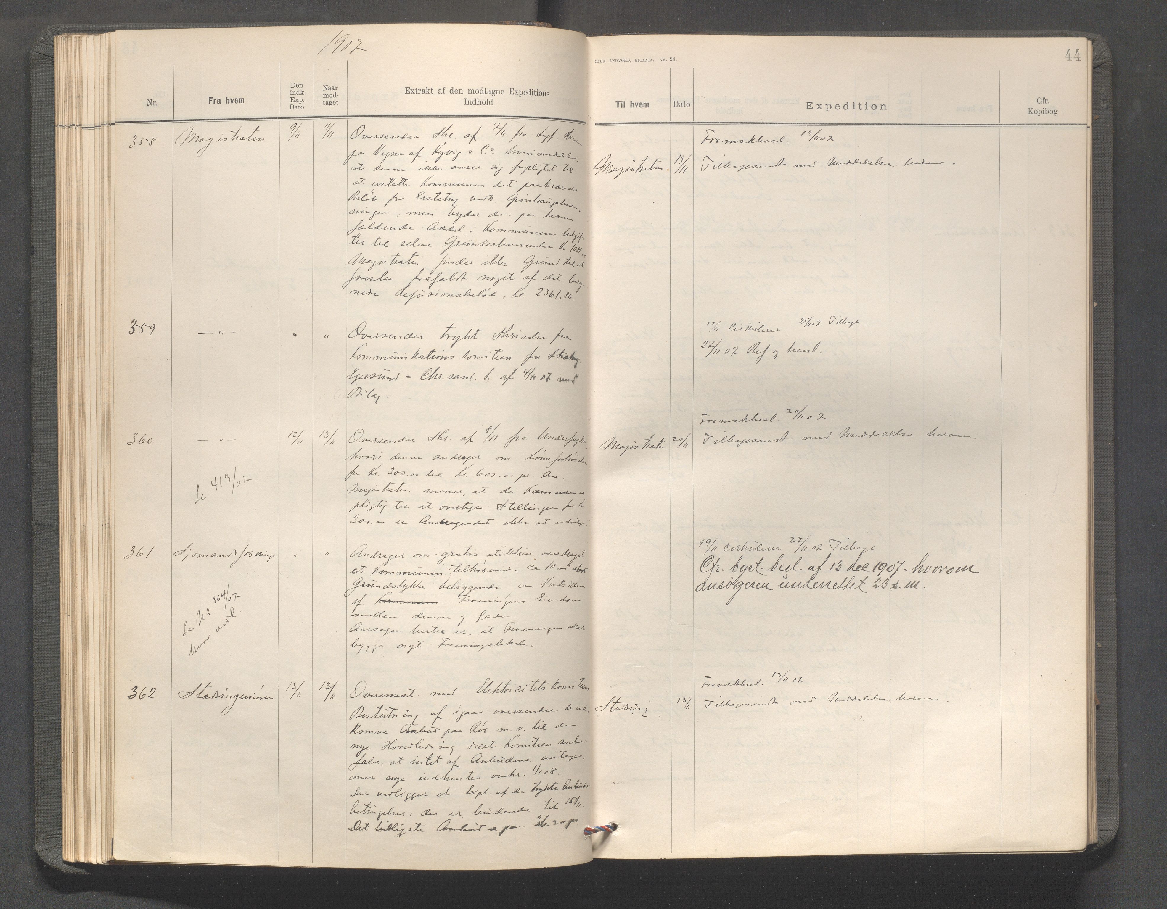 Haugesund kommune - Formannskapet, IKAR/X-0001/C/L0003: Journal, 1907-1910, s. 44