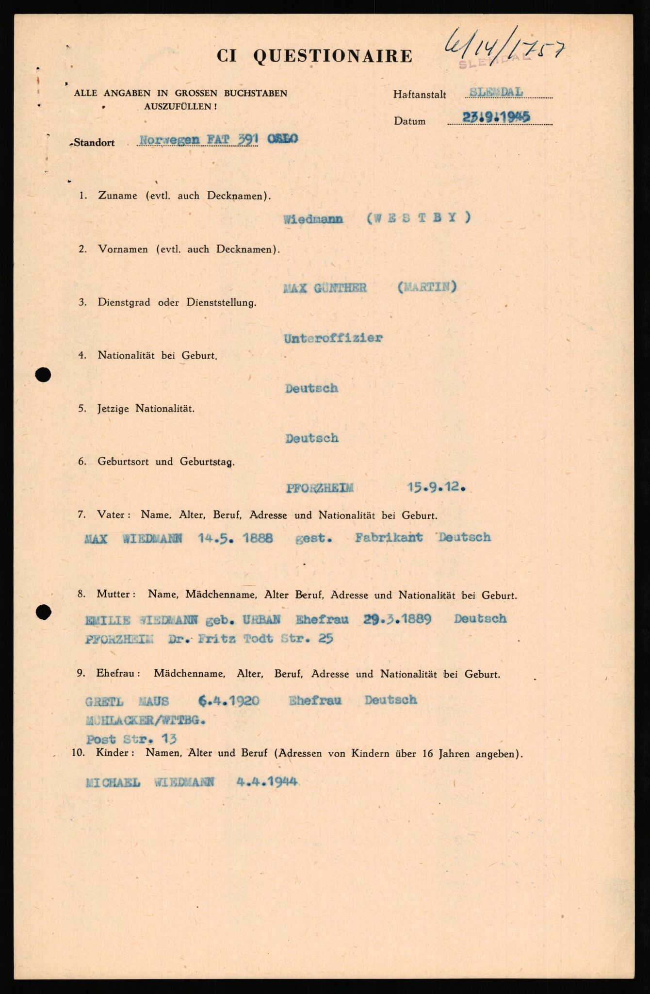 Forsvaret, Forsvarets overkommando II, RA/RAFA-3915/D/Db/L0035: CI Questionaires. Tyske okkupasjonsstyrker i Norge. Tyskere., 1945-1946, s. 498