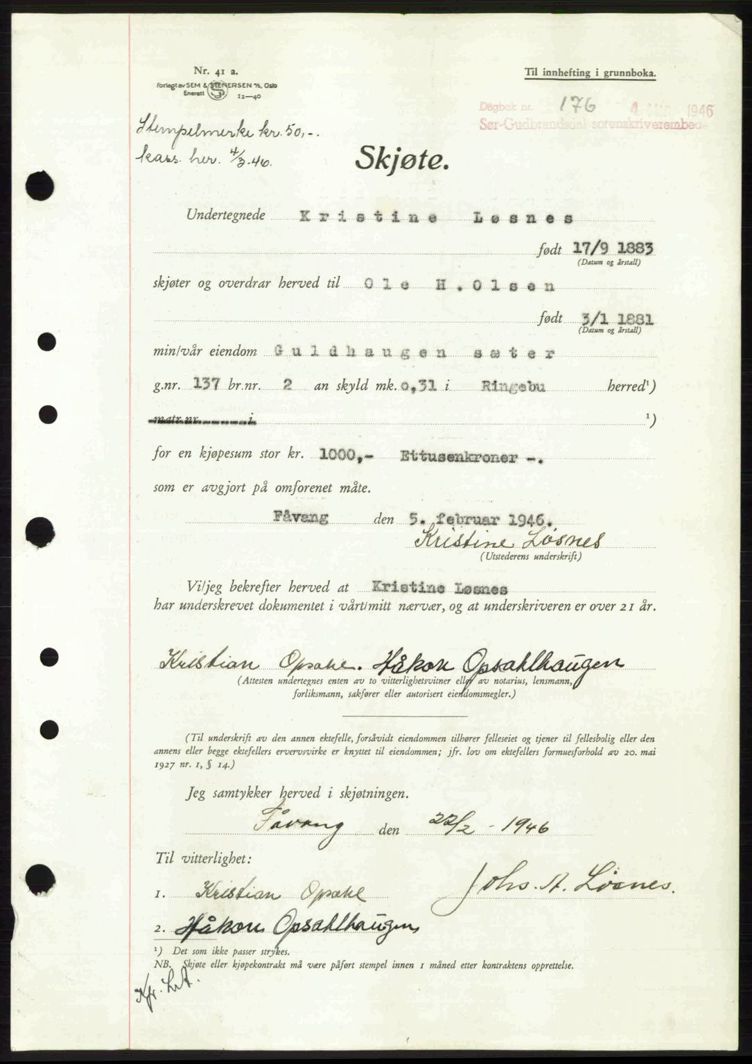 Sør-Gudbrandsdal tingrett, SAH/TING-004/H/Hb/Hbd/L0015: Pantebok nr. A15, 1945-1946, Dagboknr: 176/1946