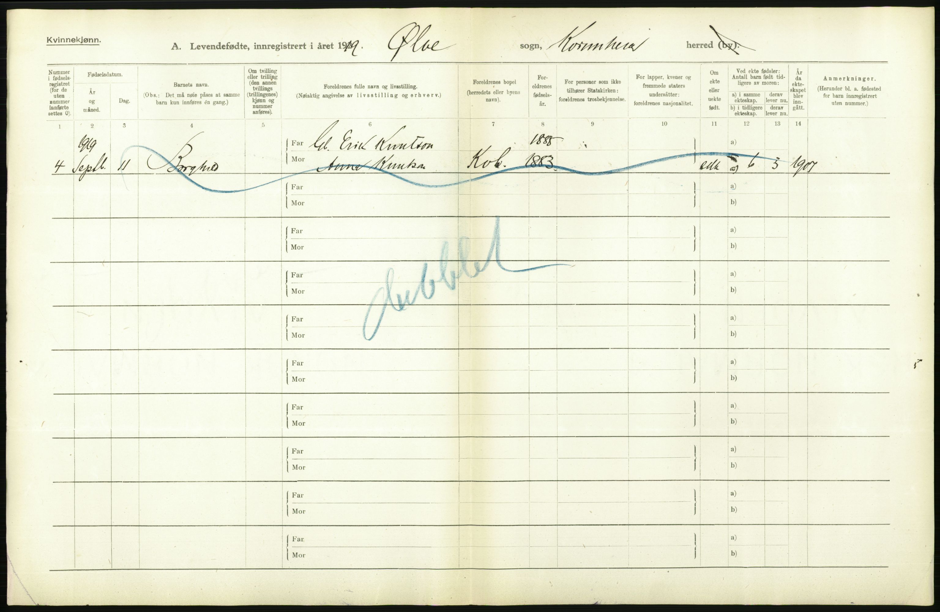 Statistisk sentralbyrå, Sosiodemografiske emner, Befolkning, RA/S-2228/D/Df/Dfb/Dfbi/L0031: Hordaland fylke: Levendefødte menn og kvinner. Bygder., 1919, s. 534