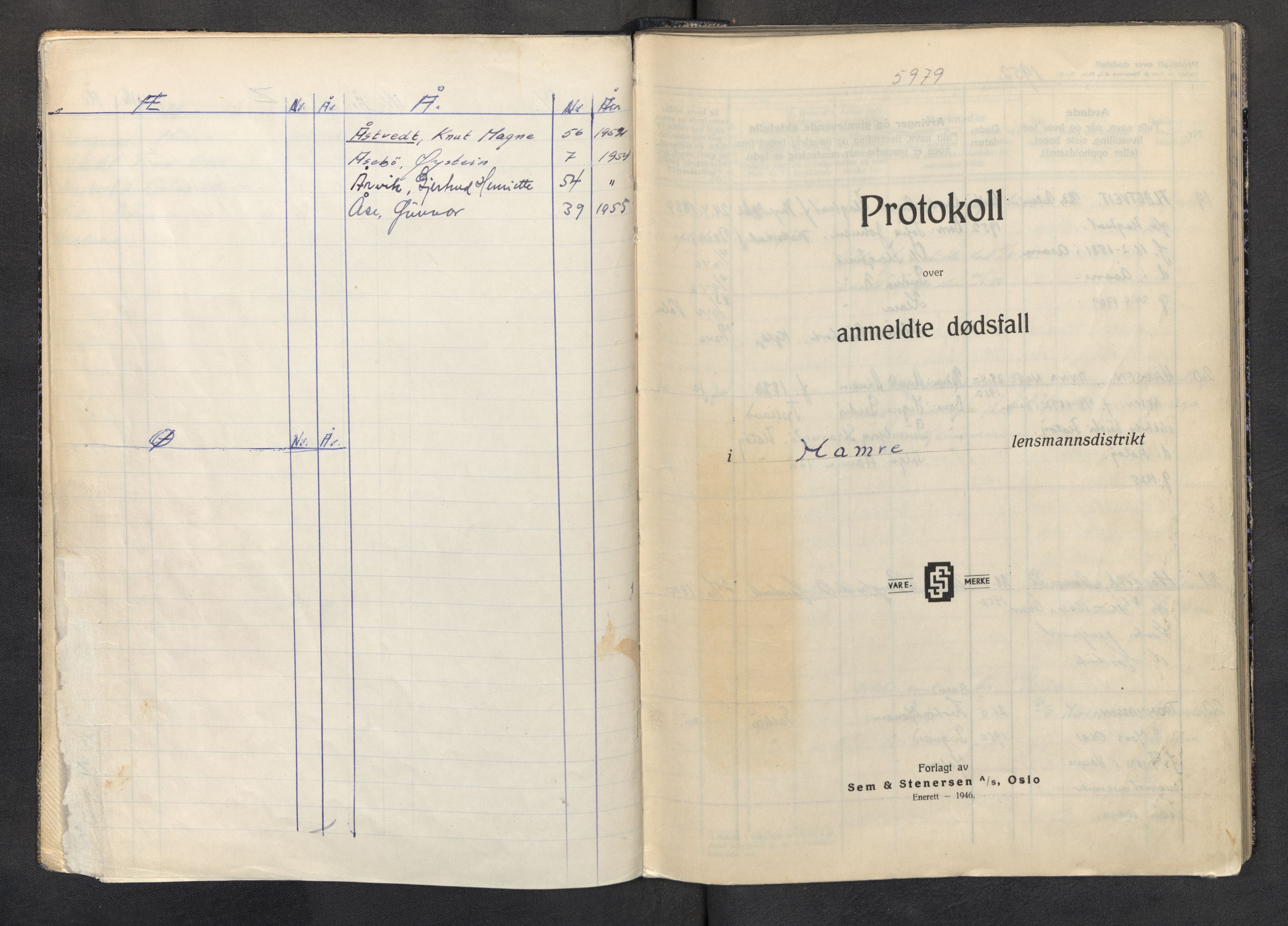 Lensmannen i Hamre, AV/SAB-A-32601/0006/L0011: Dødsfallprotokoll, 1952-1957