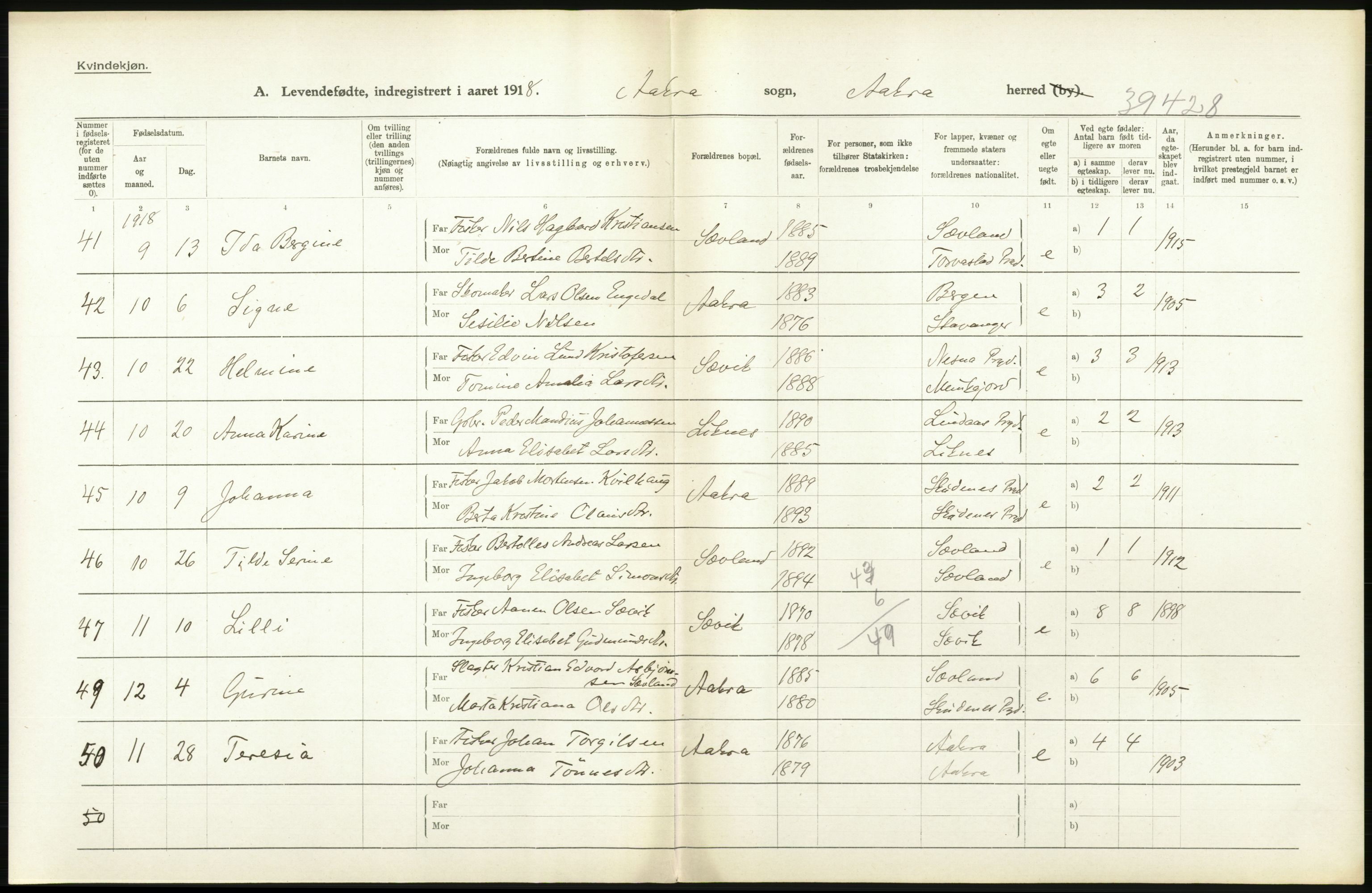 Statistisk sentralbyrå, Sosiodemografiske emner, Befolkning, AV/RA-S-2228/D/Df/Dfb/Dfbh/L0031: Rogaland fylke: Levendefødte menn og kvinner. Bygder., 1918