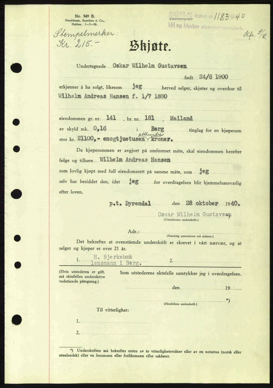 Idd og Marker sorenskriveri, AV/SAO-A-10283/G/Gb/Gbb/L0004: Pantebok nr. A4, 1940-1941, Dagboknr: 1183/1940