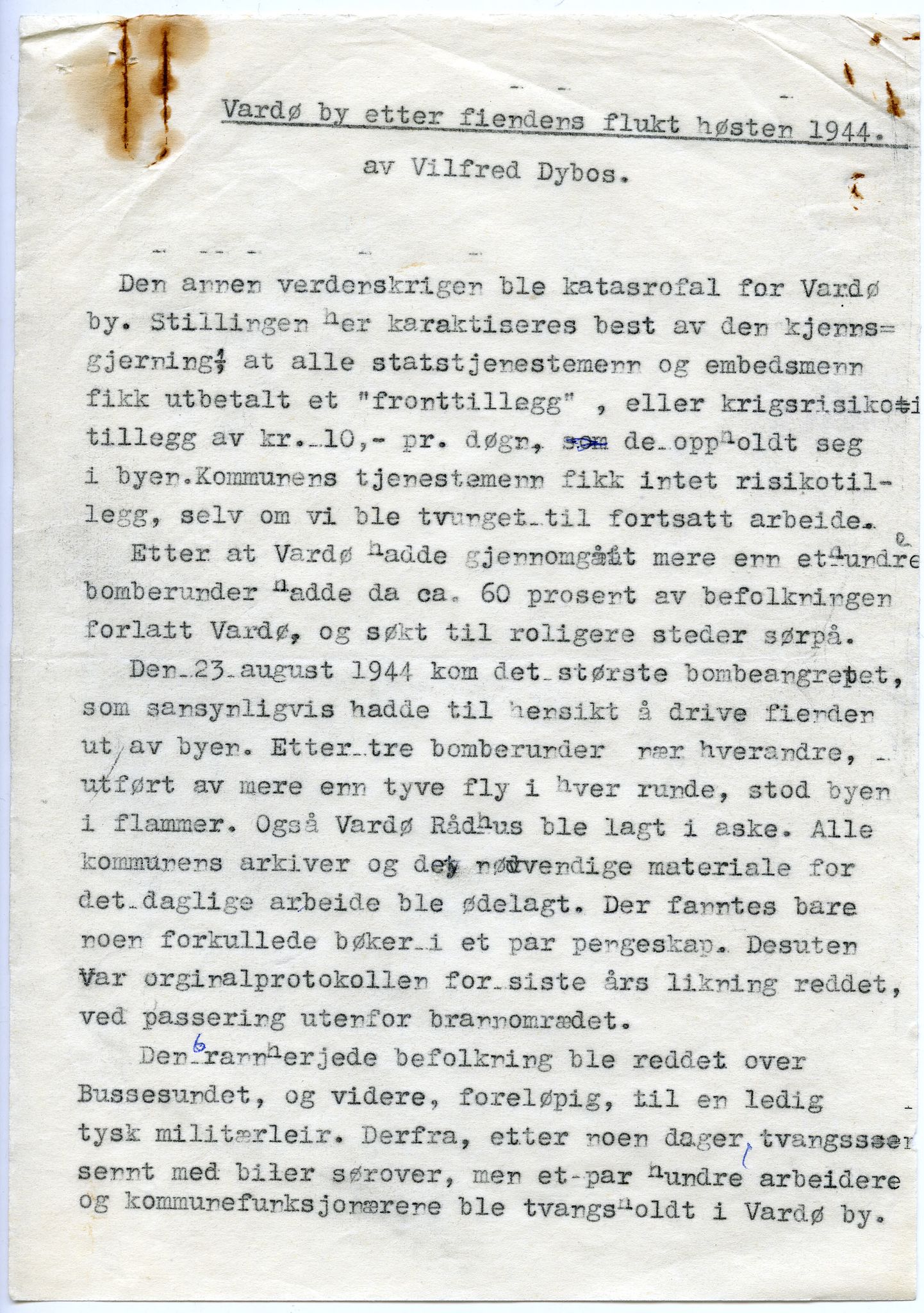 Vilfred Dybos, FMFB/A-1111/F/L0002/0017: Leserinnlegg og manuskripter / Maskinskrevne avisinnlegg: Vardø by etter fiendes flukt høsten 1944