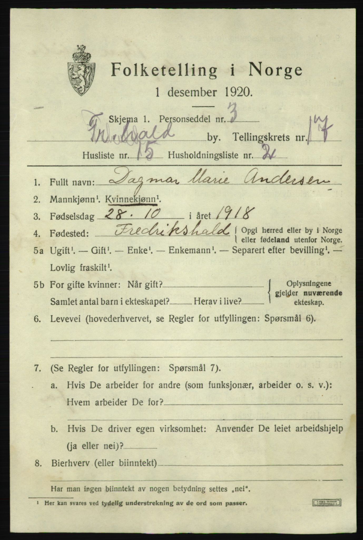 SAO, Folketelling 1920 for 0101 Fredrikshald kjøpstad, 1920, s. 26102