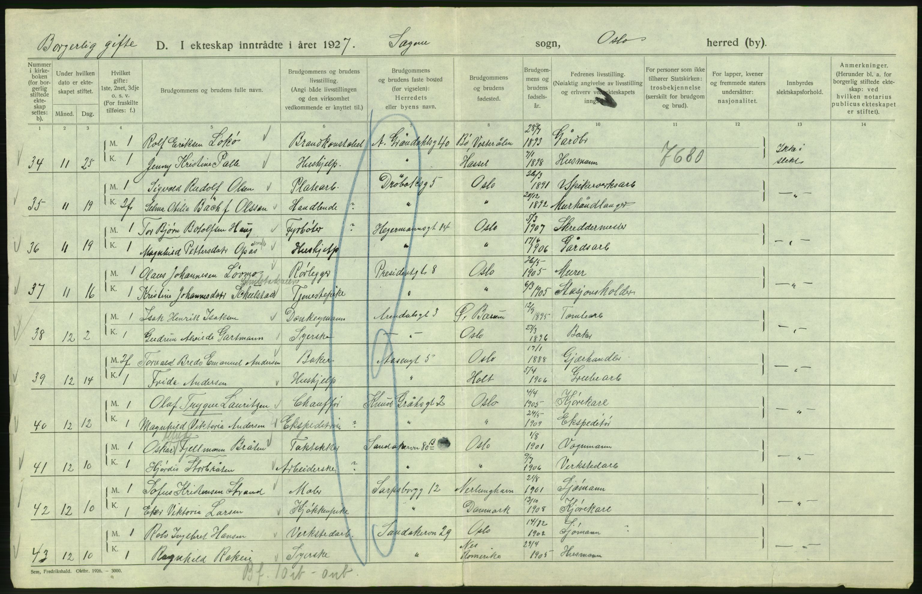 Statistisk sentralbyrå, Sosiodemografiske emner, Befolkning, AV/RA-S-2228/D/Df/Dfc/Dfcg/L0008: Oslo: Gifte, 1927, s. 398