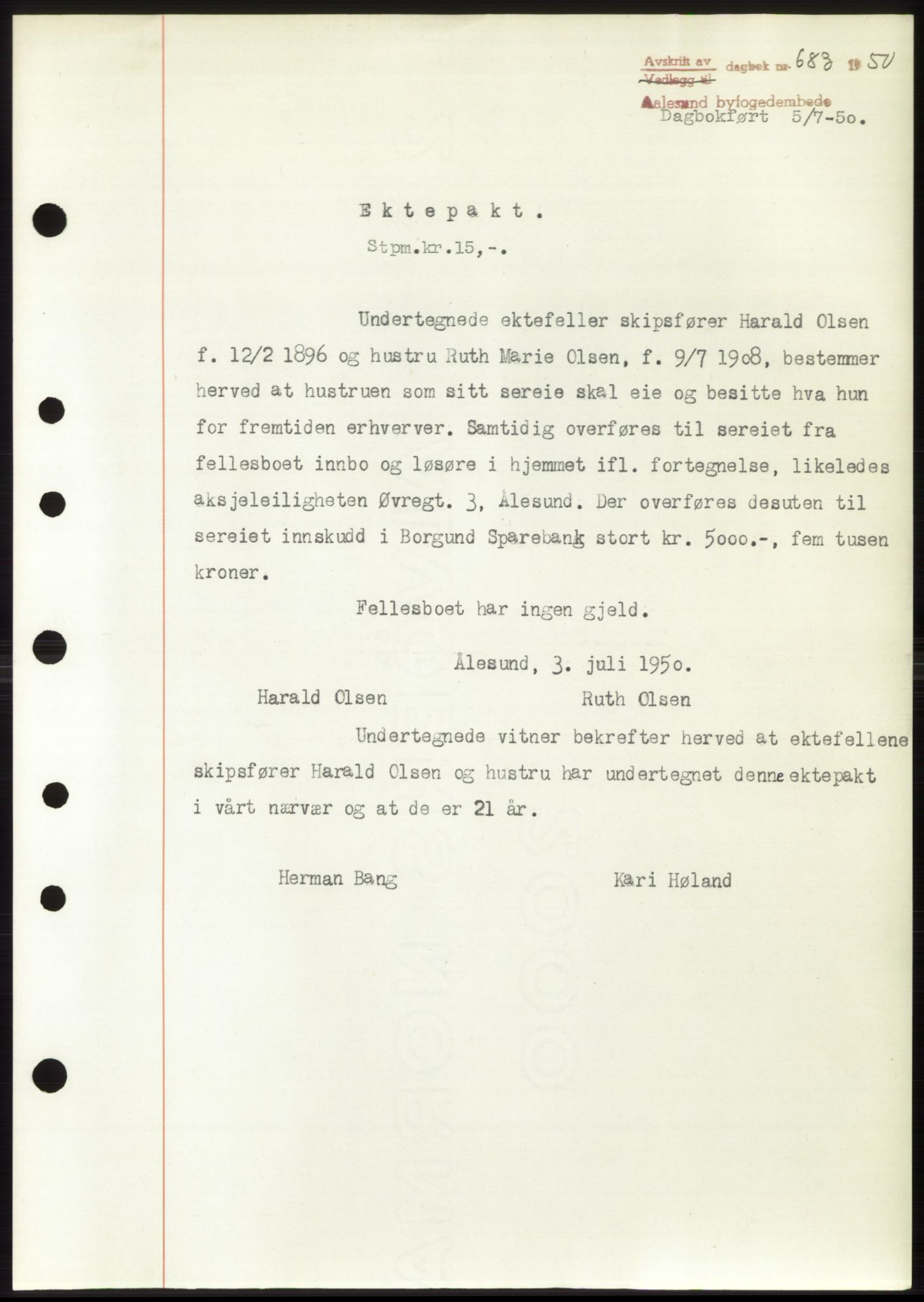 Ålesund byfogd, SAT/A-4384: Pantebok nr. B36-38, 1948-1950, Dagboknr: 683/1950