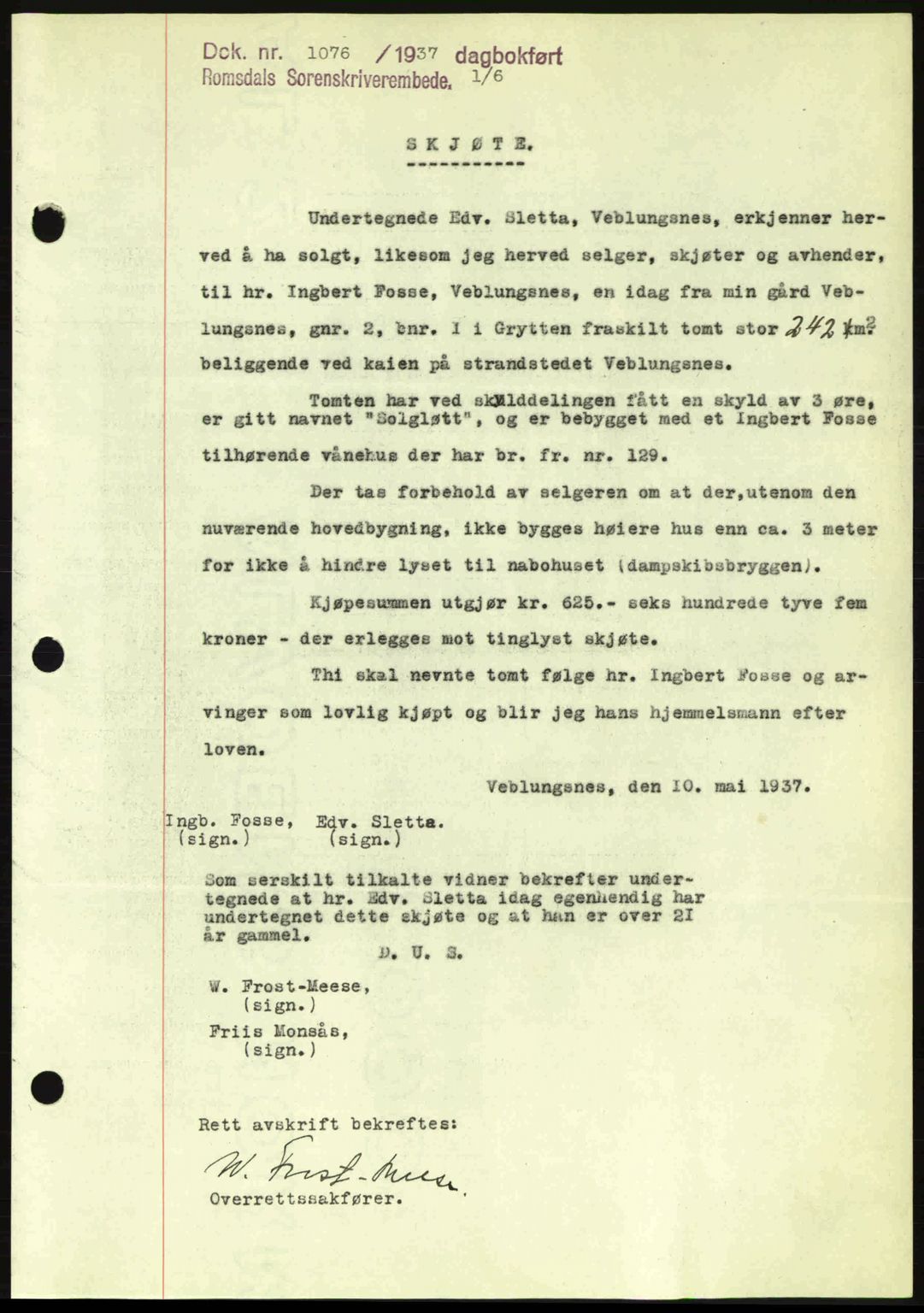 Romsdal sorenskriveri, SAT/A-4149/1/2/2C: Pantebok nr. A3, 1937-1937, Dagboknr: 1076/1937