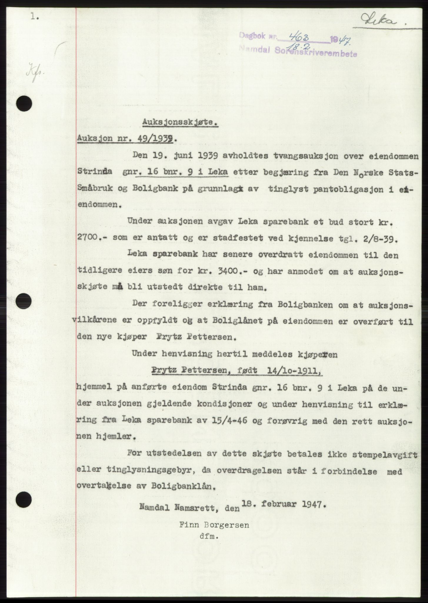Namdal sorenskriveri, SAT/A-4133/1/2/2C: Pantebok nr. -, 1946-1947, Dagboknr: 463/1947