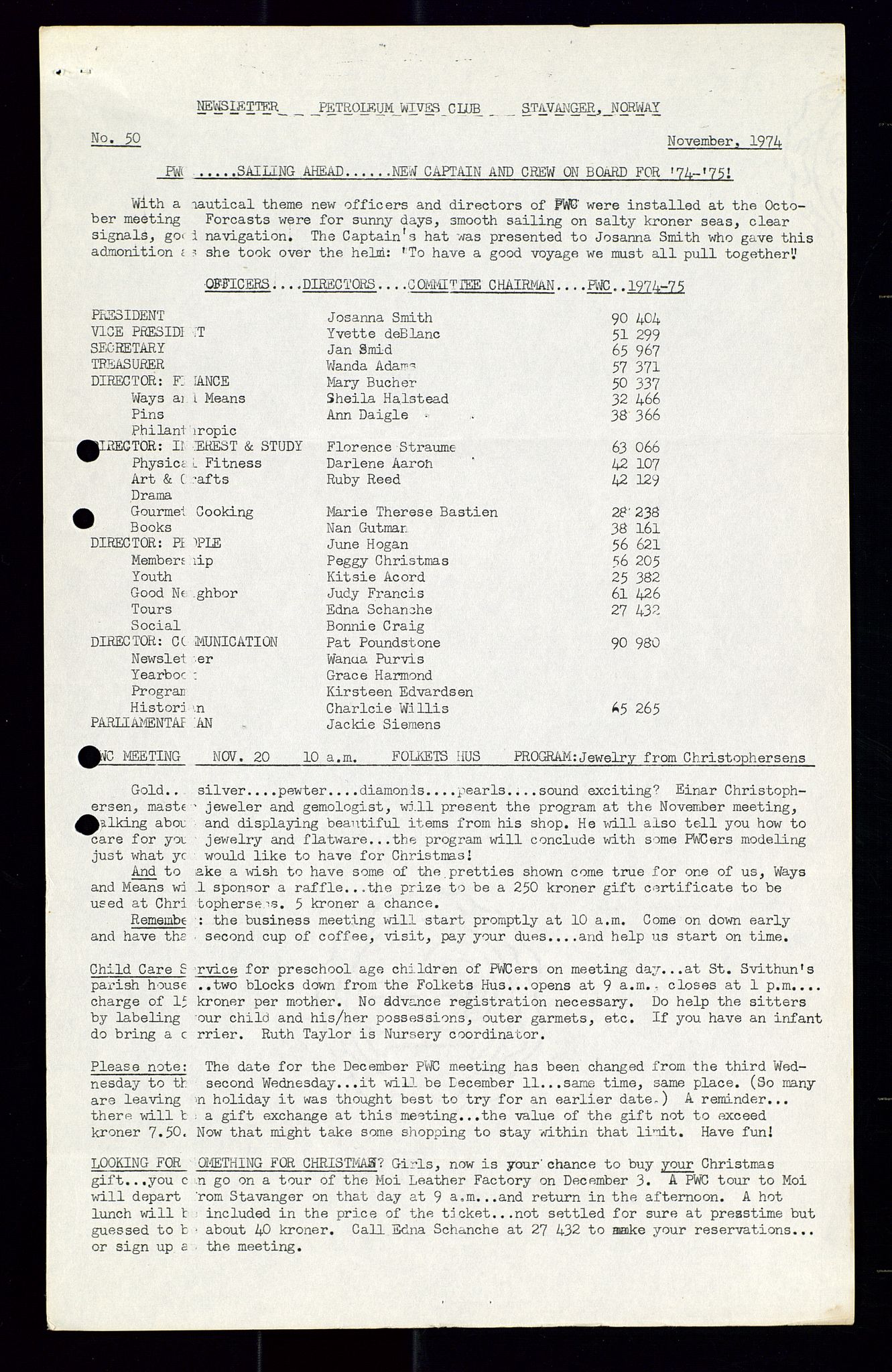 PA 1547 - Petroleum Wives Club, AV/SAST-A-101974/X/Xa/L0001: Newsletters (1971-1978)/radiointervjuer på kasett (1989-1992), 1970-1978