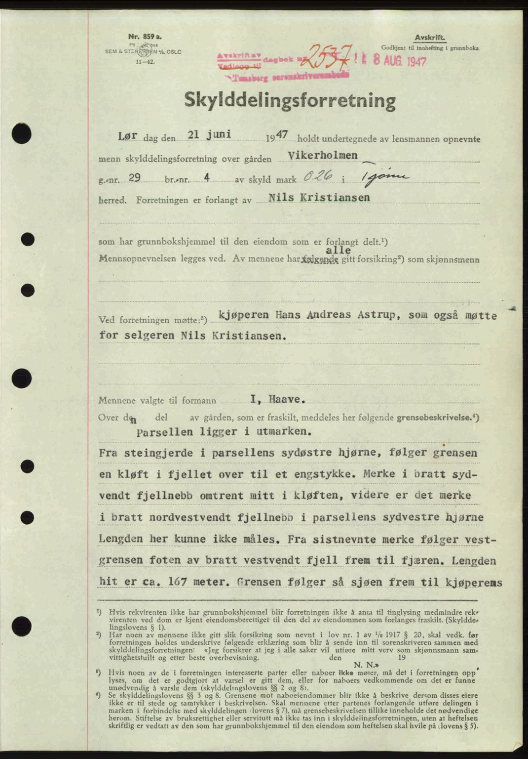 Tønsberg sorenskriveri, SAKO/A-130/G/Ga/Gaa/L0022: Pantebok nr. A22, 1947-1947, Dagboknr: 2537/1947