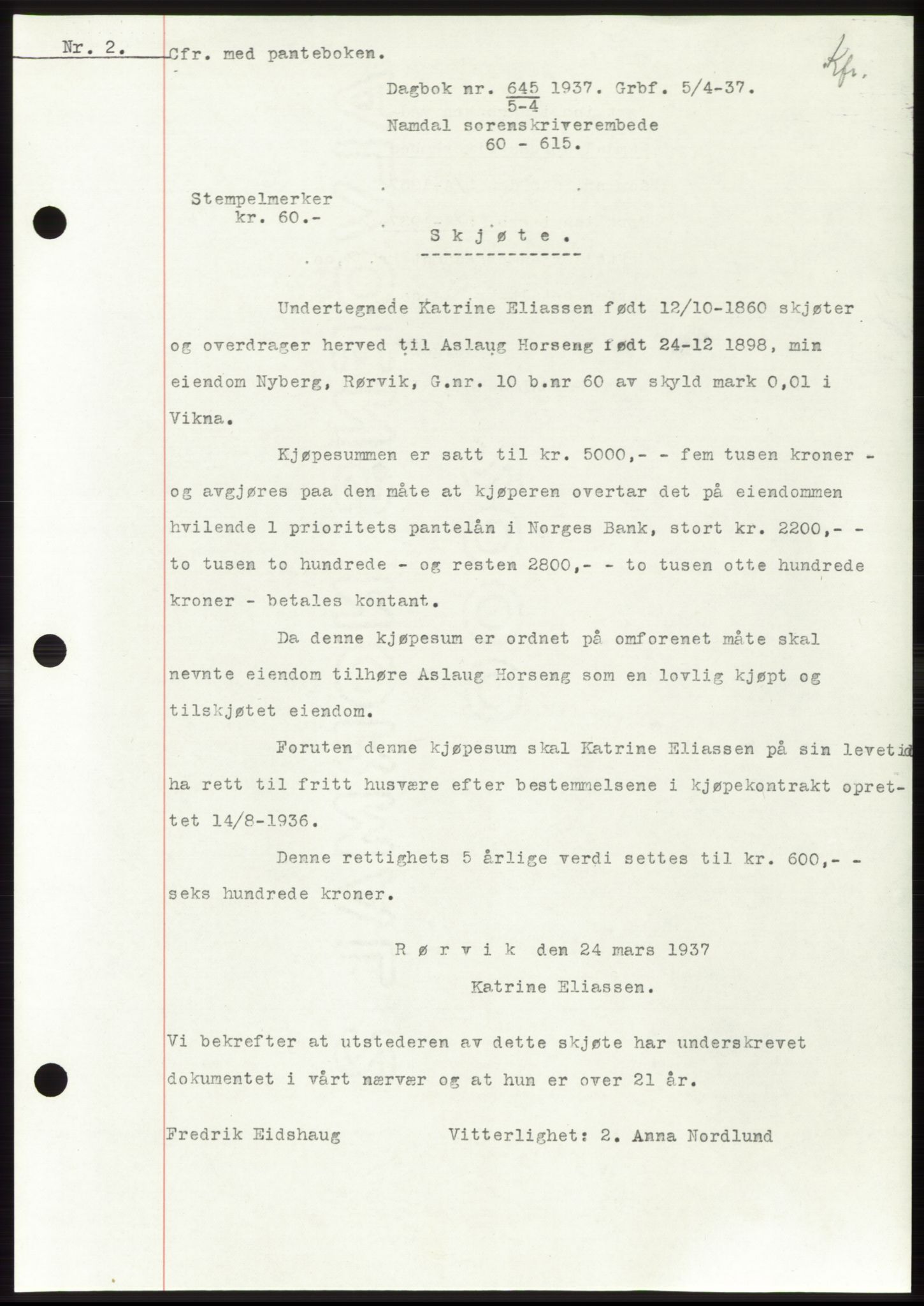 Namdal sorenskriveri, SAT/A-4133/1/2/2C: Pantebok nr. -, 1937-1939, Tingl.dato: 05.04.1937