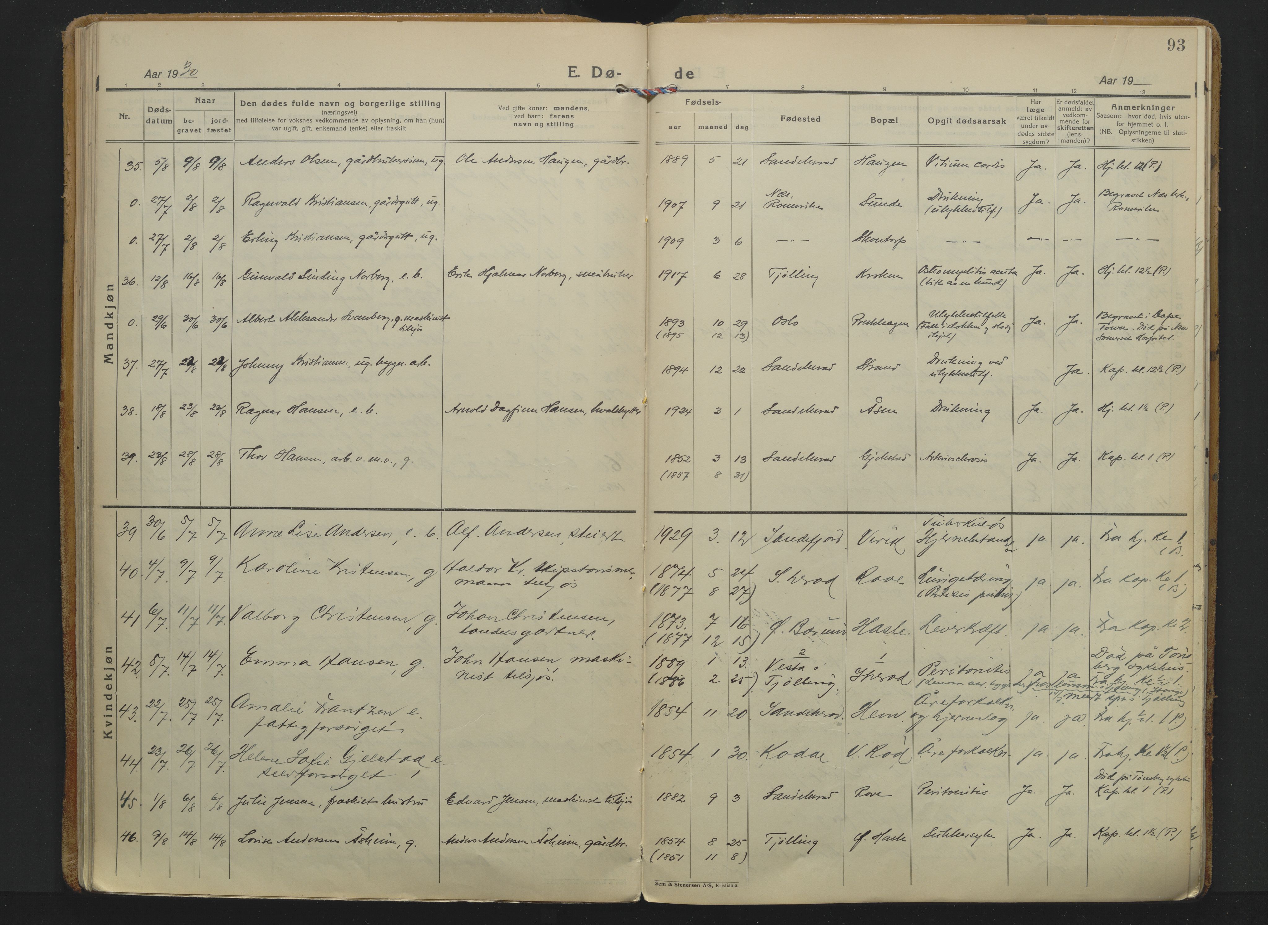 Sandar kirkebøker, AV/SAKO-A-243/F/Fa/L0023: Ministerialbok nr. 23, 1924-1932, s. 93