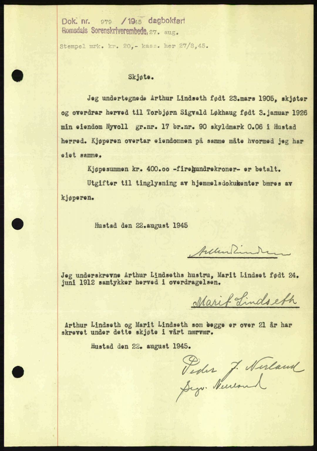 Romsdal sorenskriveri, SAT/A-4149/1/2/2C: Pantebok nr. A18, 1945-1945, Dagboknr: 979/1945