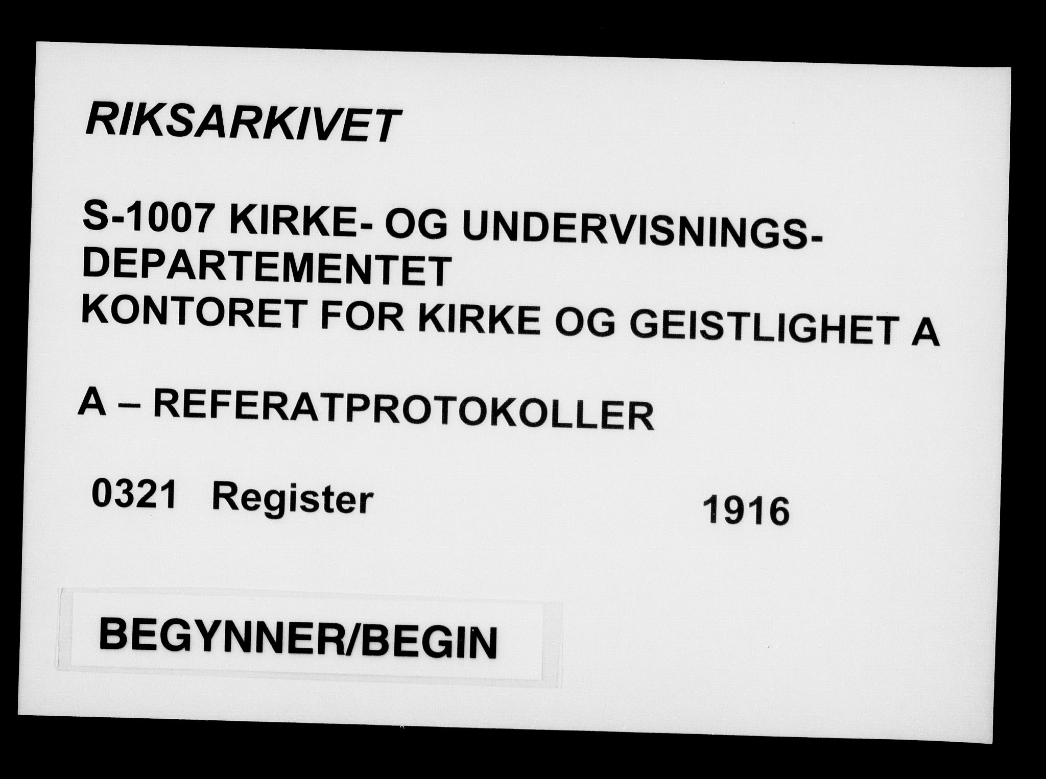 Kirke- og undervisningsdepartementet, Kontoret  for kirke og geistlighet A, AV/RA-S-1007/A/Aa/L0321: Register, 1916