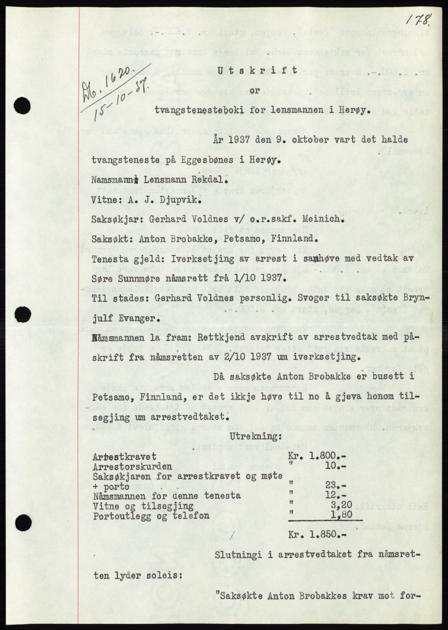 Søre Sunnmøre sorenskriveri, SAT/A-4122/1/2/2C/L0064: Pantebok nr. 58, 1937-1938, Dagboknr: 1620/1937