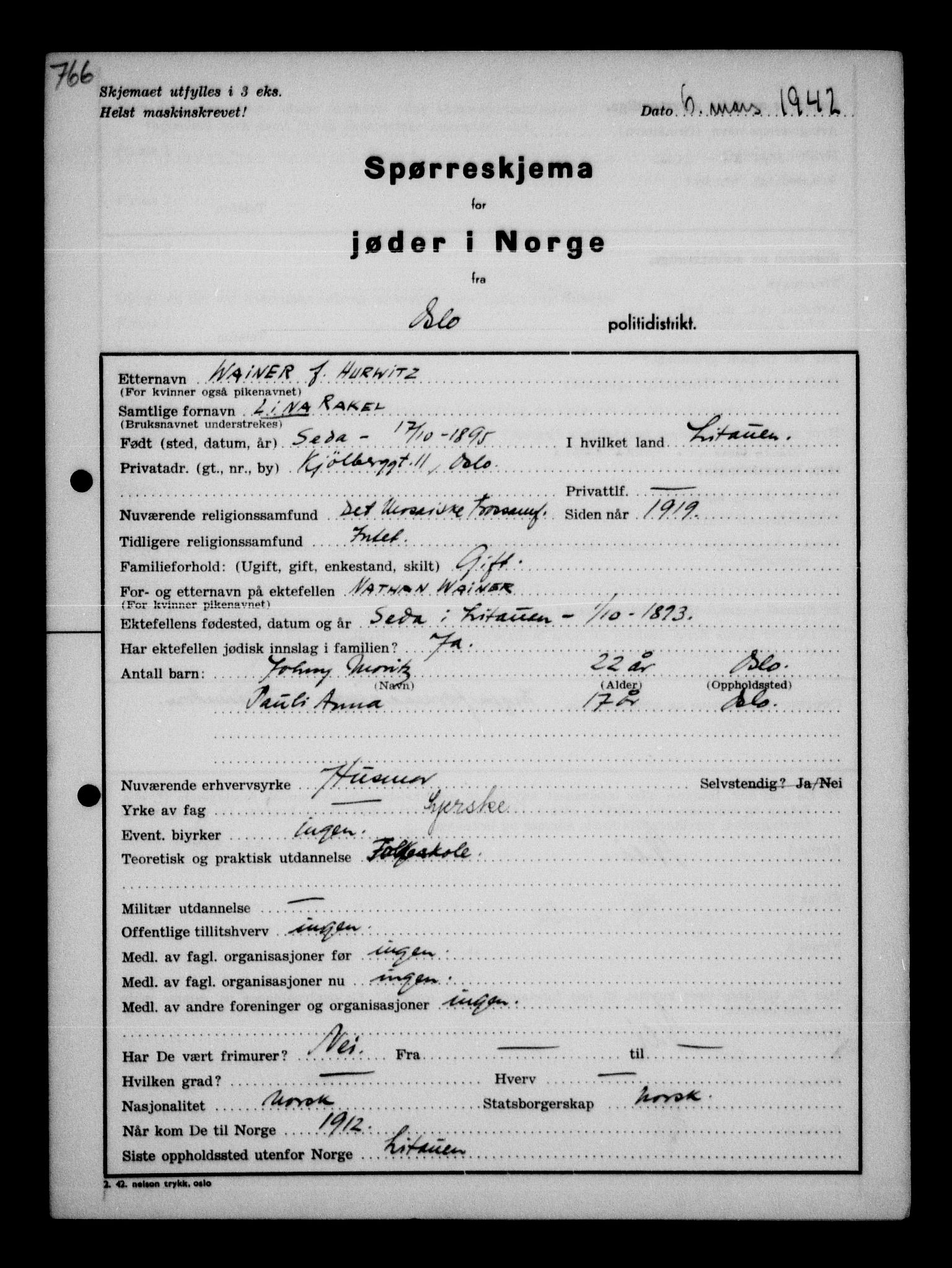 Statspolitiet - Hovedkontoret / Osloavdelingen, AV/RA-S-1329/G/Ga/L0011: Spørreskjema for jøder i Norge. 1: Oslo 610-806 (Plavnik-Zwillinger). 2: Aker 1-113 (Adler-Lewin). , 1942, s. 464