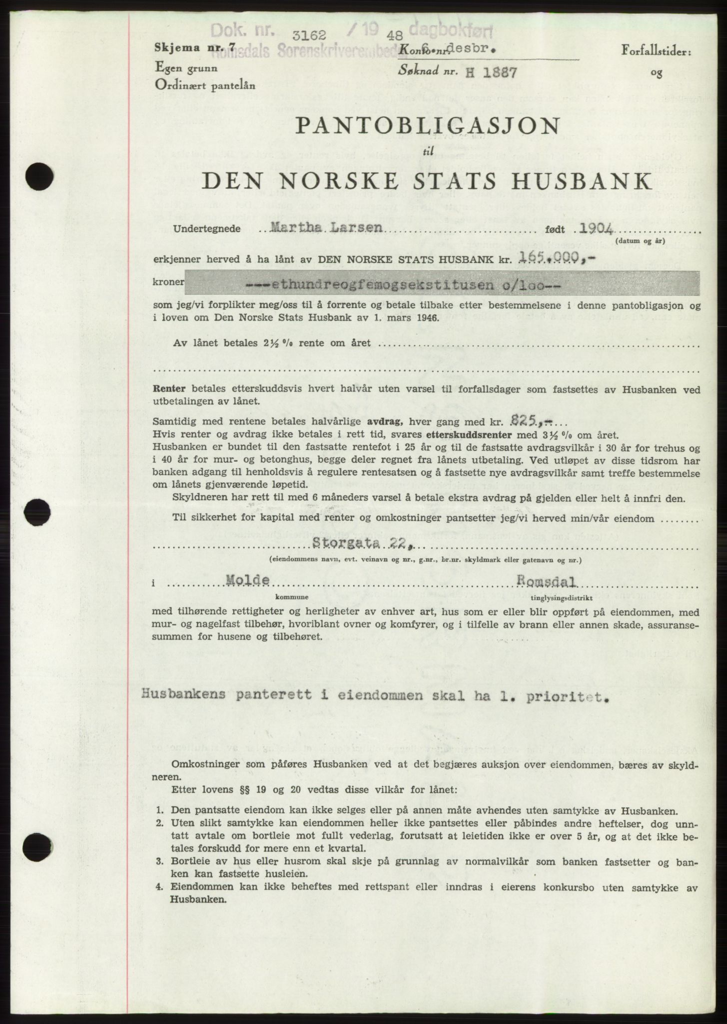 Romsdal sorenskriveri, SAT/A-4149/1/2/2C: Pantebok nr. B4, 1948-1949, Dagboknr: 3162/1948