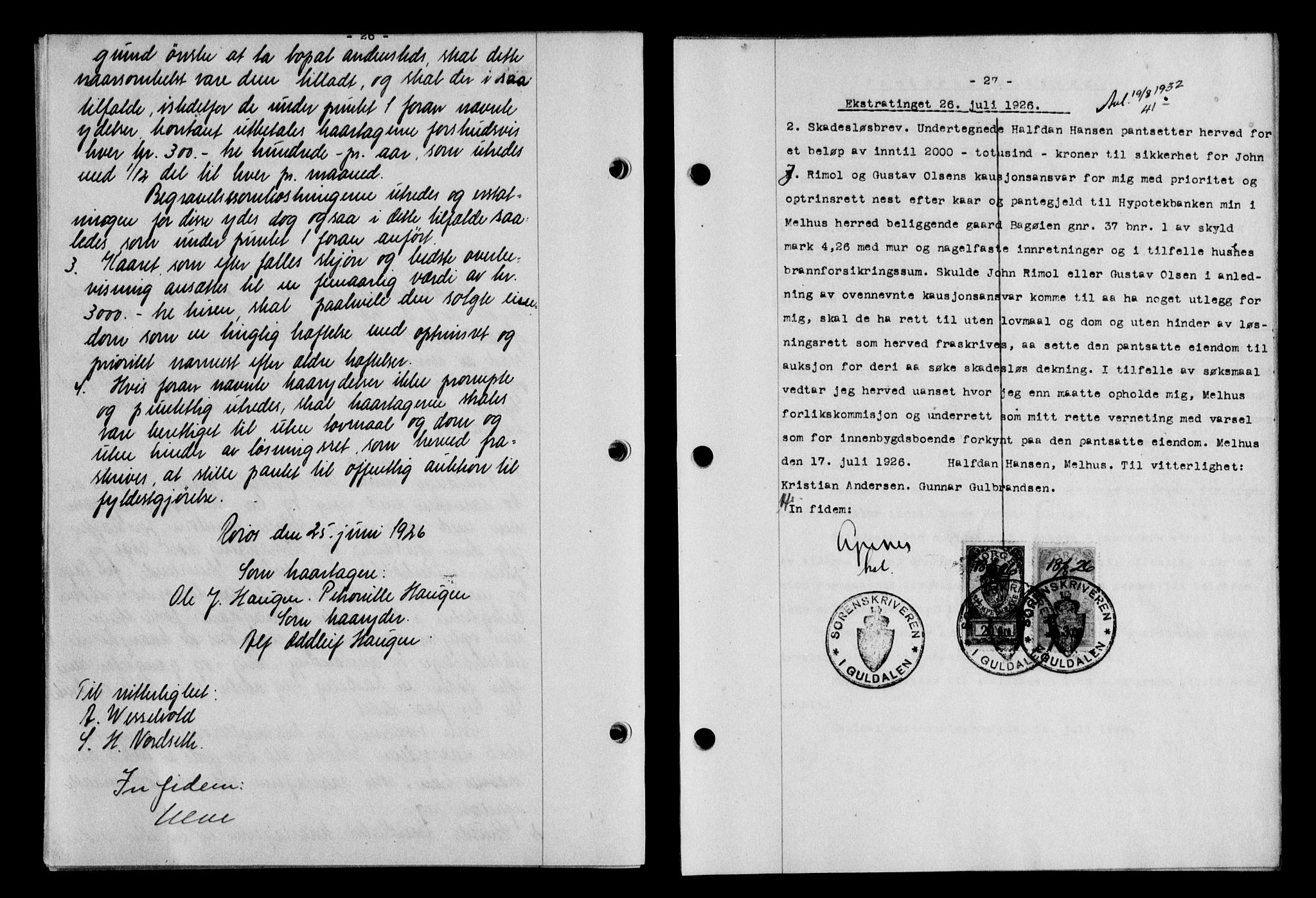 Gauldal sorenskriveri, SAT/A-0014/1/2/2C/L0035: Pantebok nr. 36, 1926-1927, s. 26-27, Tingl.dato: 26.07.1926