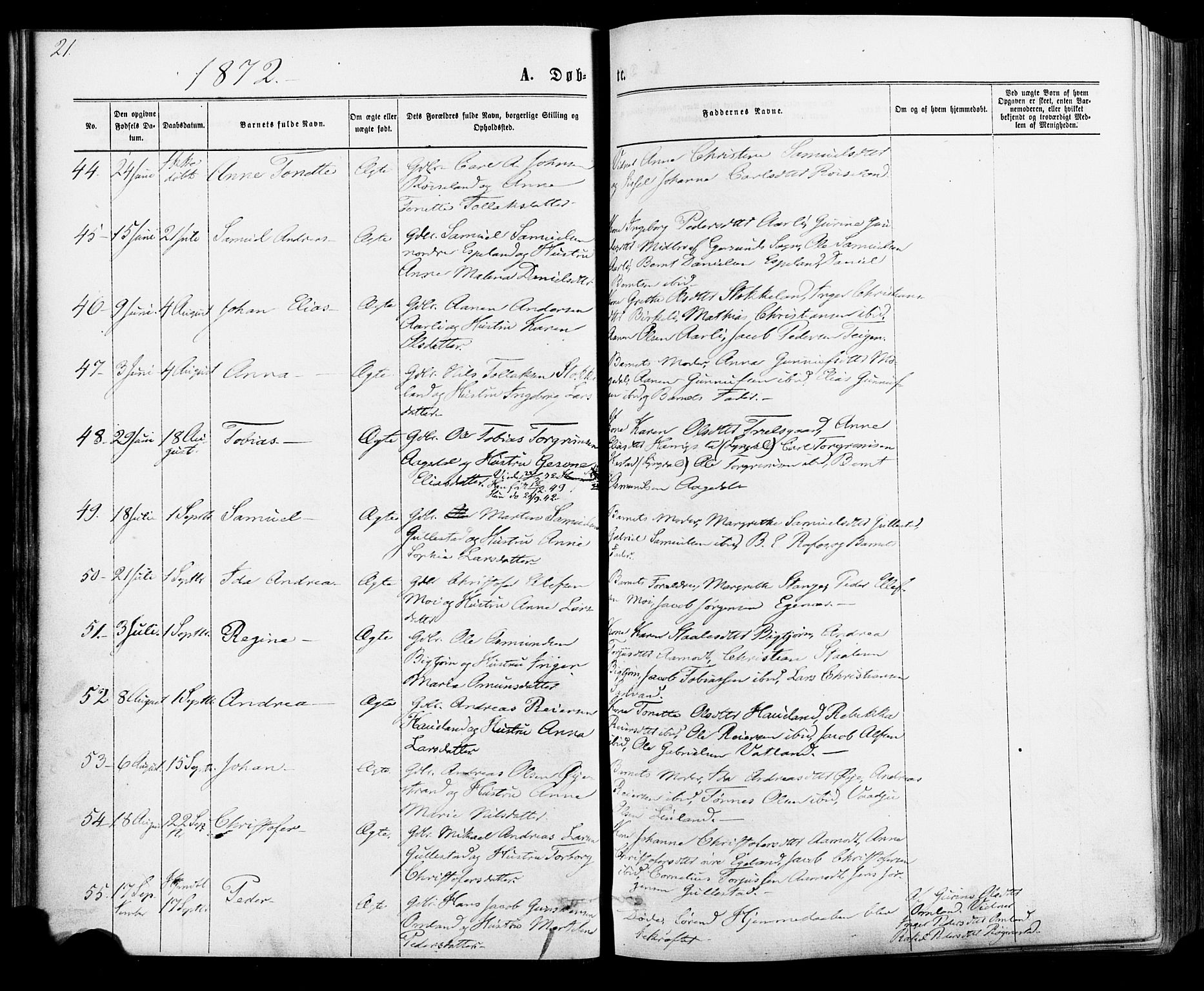 Kvinesdal sokneprestkontor, AV/SAK-1111-0026/F/Fa/Fab/L0007: Ministerialbok nr. A 7, 1870-1885, s. 21