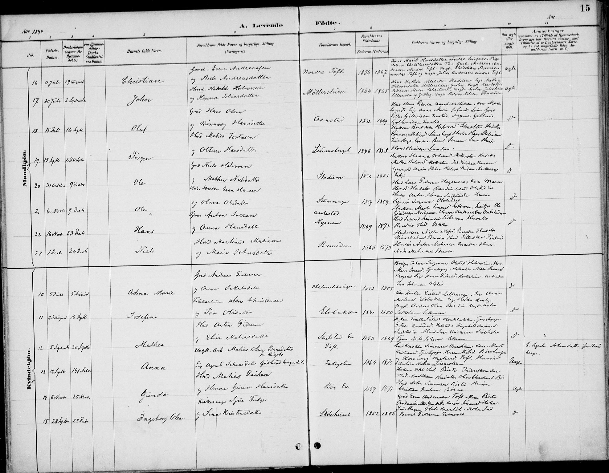 Østre Gausdal prestekontor, AV/SAH-PREST-092/H/Ha/Haa/L0003: Ministerialbok nr. 3, 1887-1901, s. 15