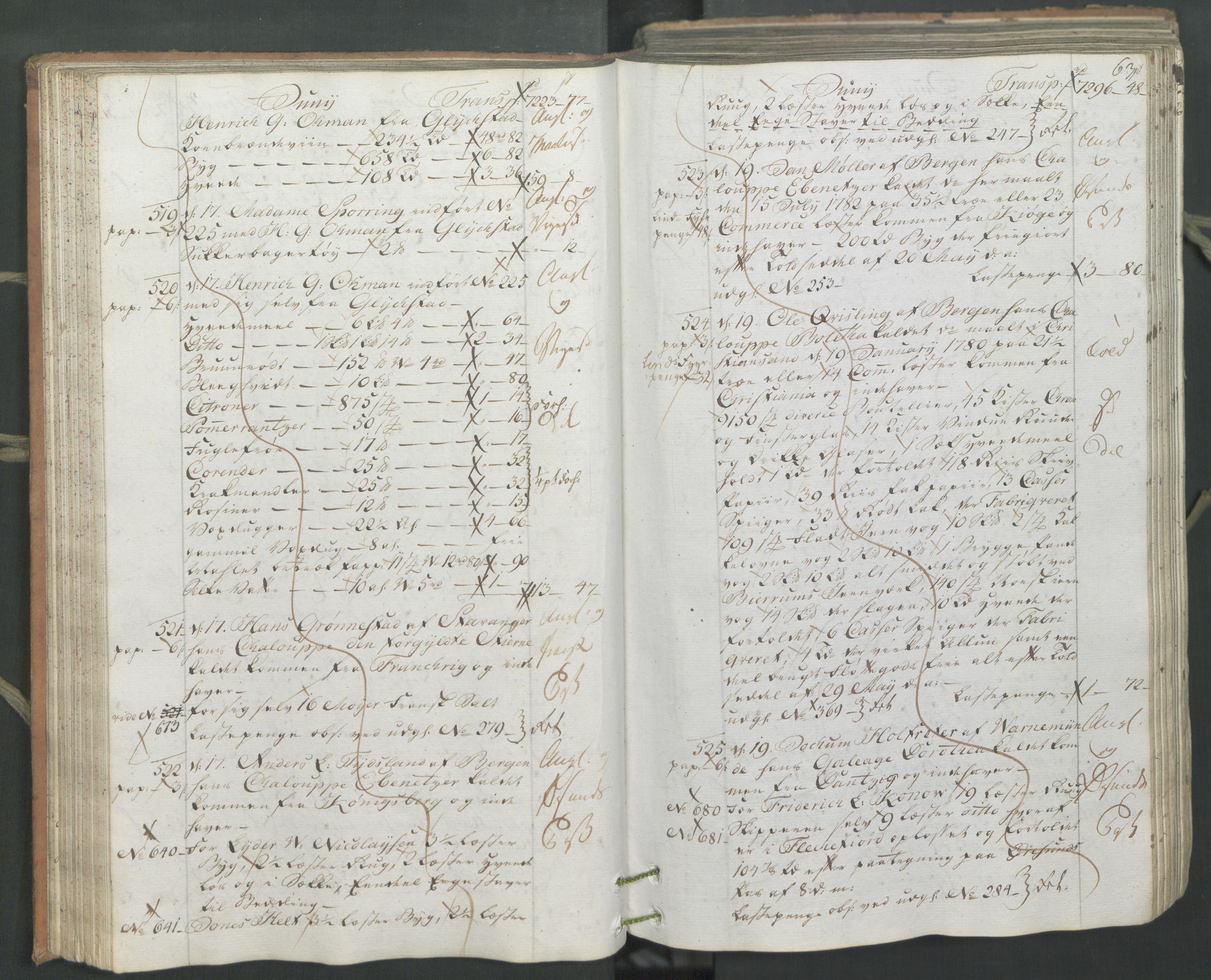 Generaltollkammeret, tollregnskaper, AV/RA-EA-5490/R26/L0222/0001: Tollregnskaper Bergen A / Inngående hovedtollbok, 1786, s. 62b-63a