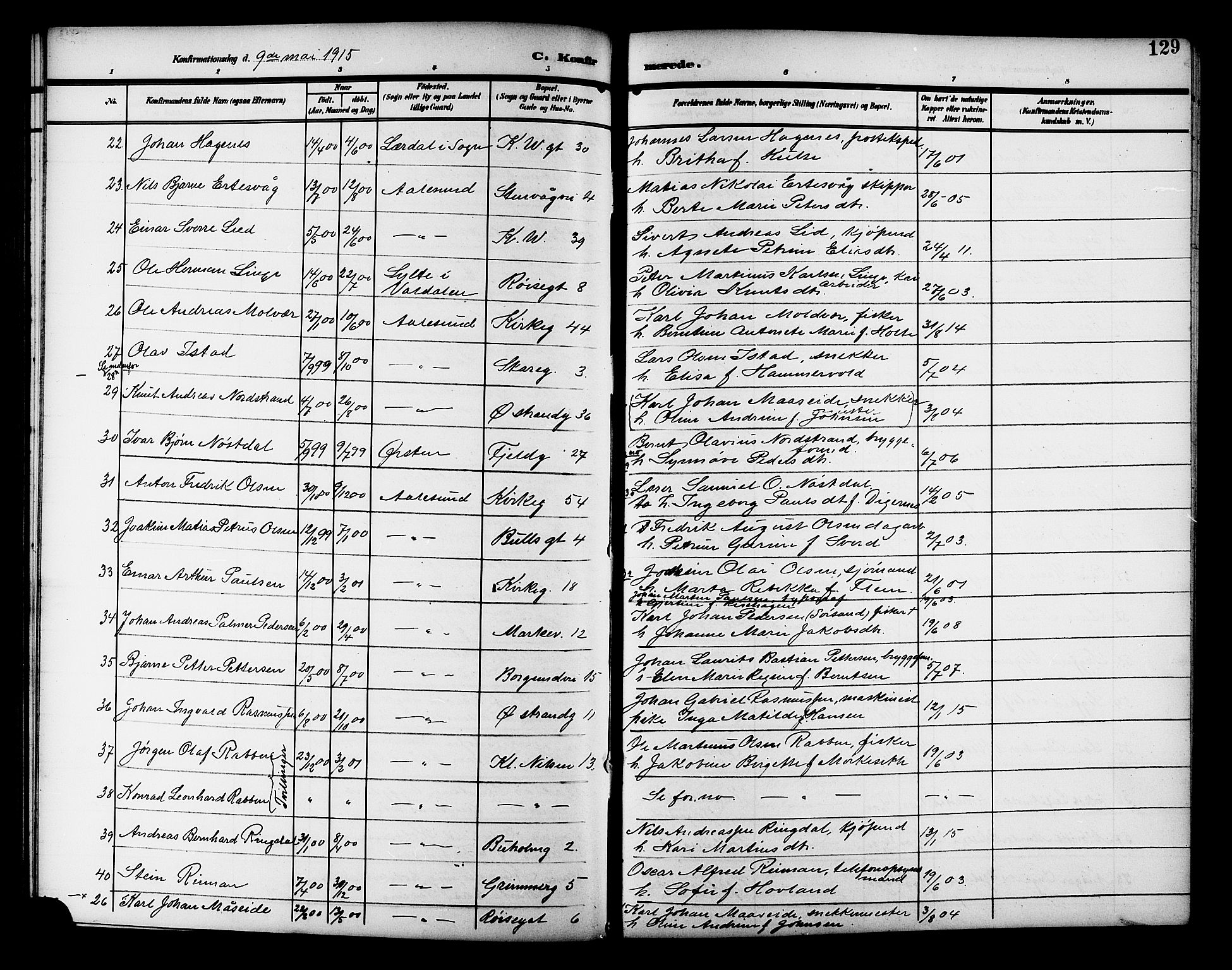 Ministerialprotokoller, klokkerbøker og fødselsregistre - Møre og Romsdal, AV/SAT-A-1454/529/L0470: Klokkerbok nr. 529C07, 1907-1917, s. 129