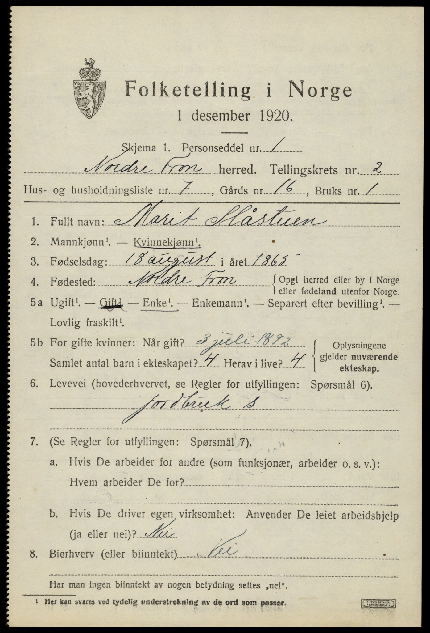 SAH, Folketelling 1920 for 0518 Nord-Fron herred, 1920, s. 2722