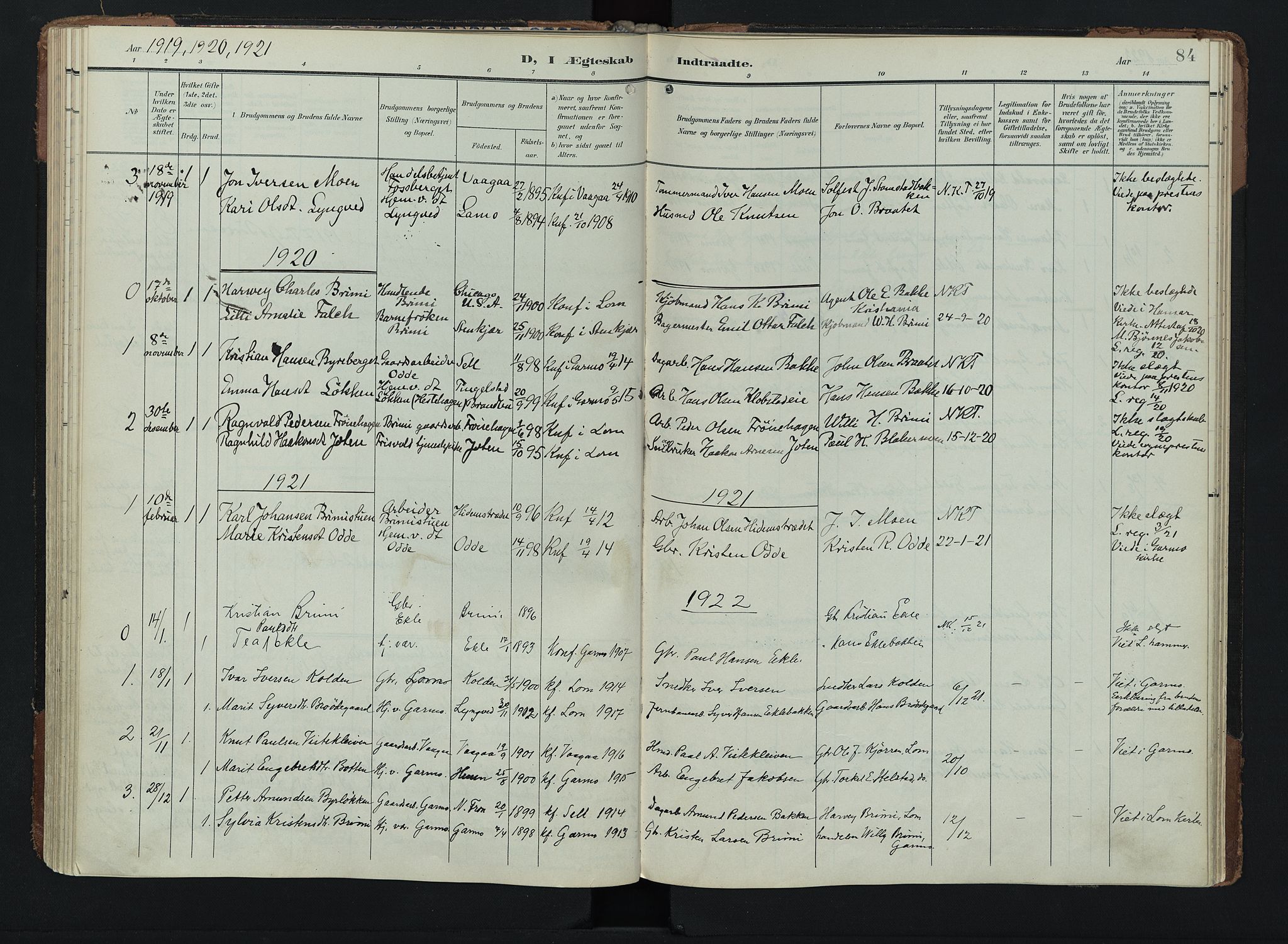 Lom prestekontor, AV/SAH-PREST-070/K/L0011: Ministerialbok nr. 11, 1904-1928, s. 84