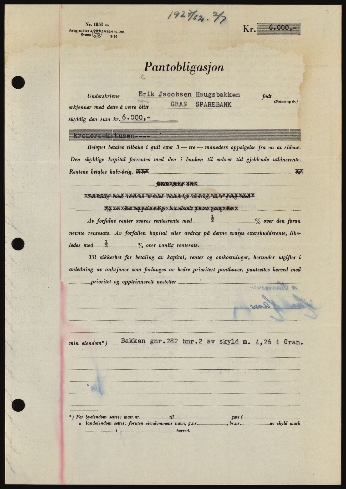 Hadeland og Land tingrett, SAH/TING-010/H/Hb/Hbc/L0024: Pantebok nr. B24, 1952-1952, Dagboknr: 1927/1952