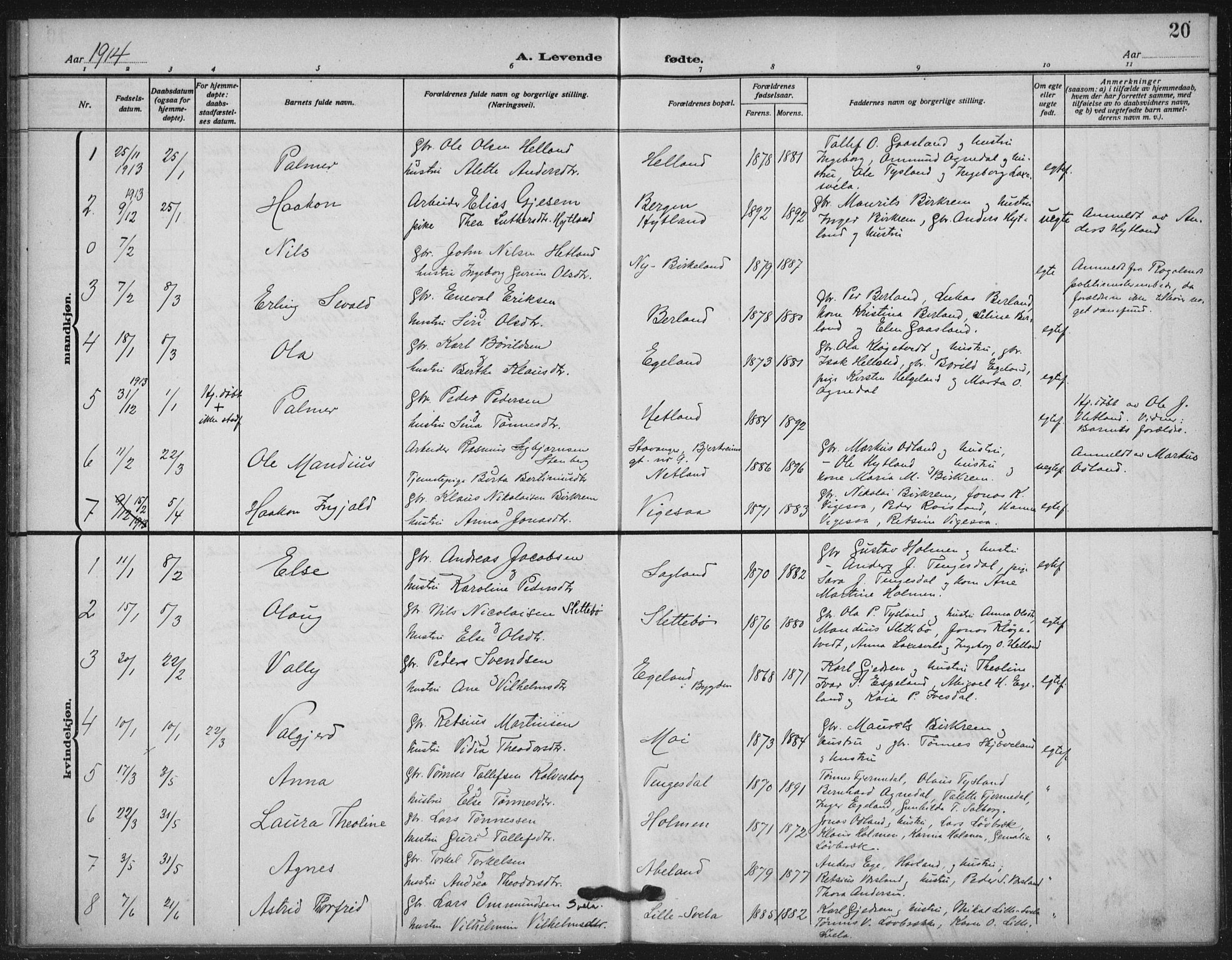 Helleland sokneprestkontor, AV/SAST-A-101810: Ministerialbok nr. A 11, 1909-1922, s. 20