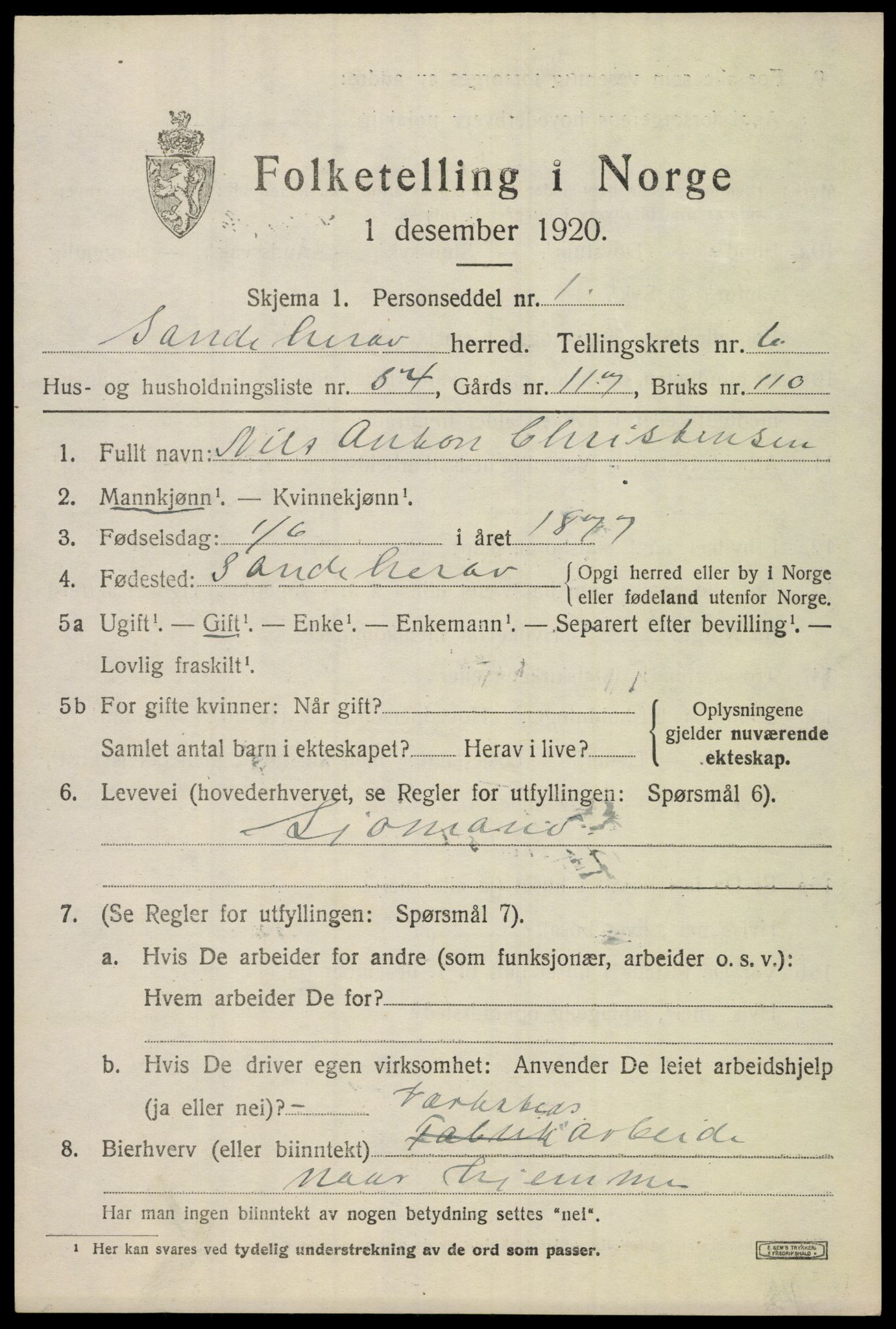 SAKO, Folketelling 1920 for 0724 Sandeherred herred, 1920, s. 10288