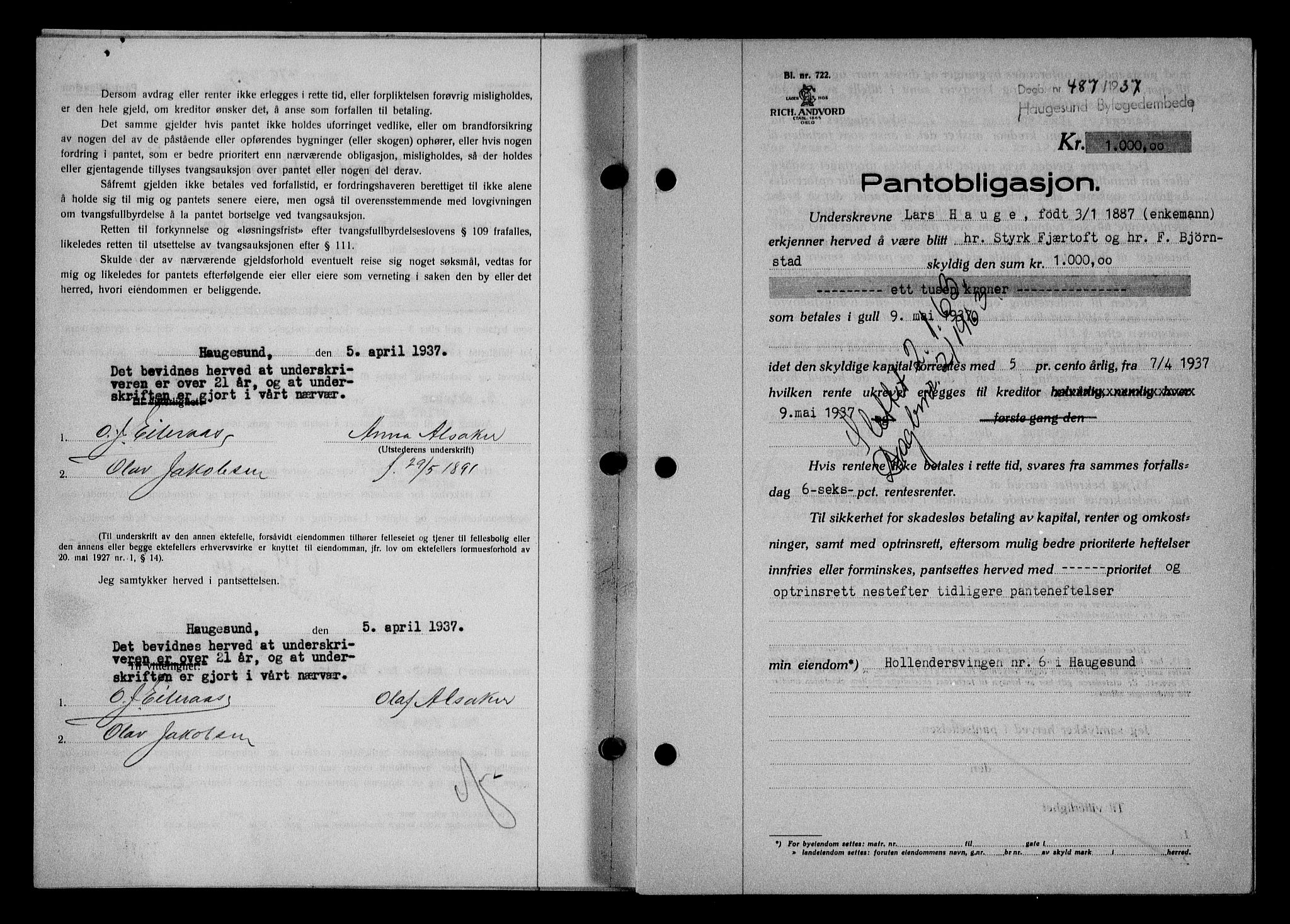 Haugesund tingrett, AV/SAST-A-101415/01/II/IIC/L0031: Pantebok nr. 31, 1936-1938, Dagboknr: 487/1937