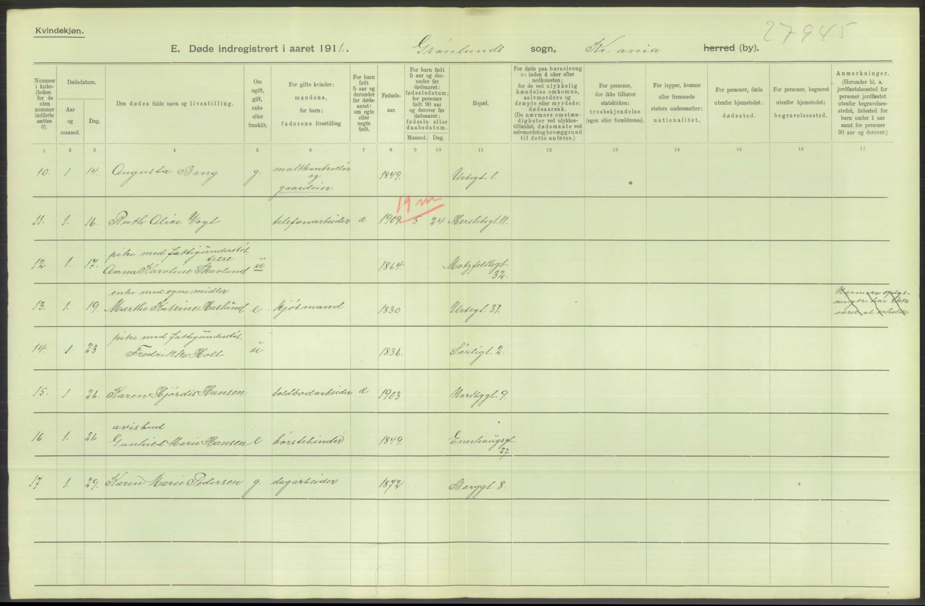 Statistisk sentralbyrå, Sosiodemografiske emner, Befolkning, RA/S-2228/D/Df/Dfb/Dfba/L0010: Kristiania: Døde kvinner samt dødfødte., 1911, s. 312