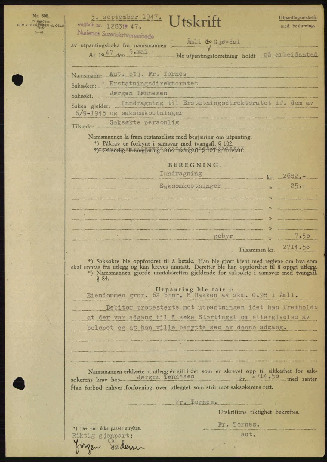 Nedenes sorenskriveri, AV/SAK-1221-0006/G/Gb/Gba/L0058: Pantebok nr. A10, 1947-1948, Dagboknr: 1283/1947