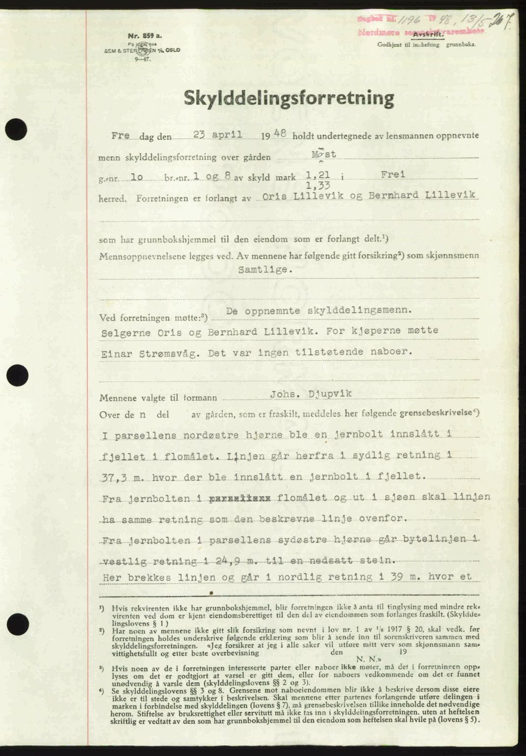 Nordmøre sorenskriveri, SAT/A-4132/1/2/2Ca: Pantebok nr. A108, 1948-1948, Dagboknr: 1196/1948