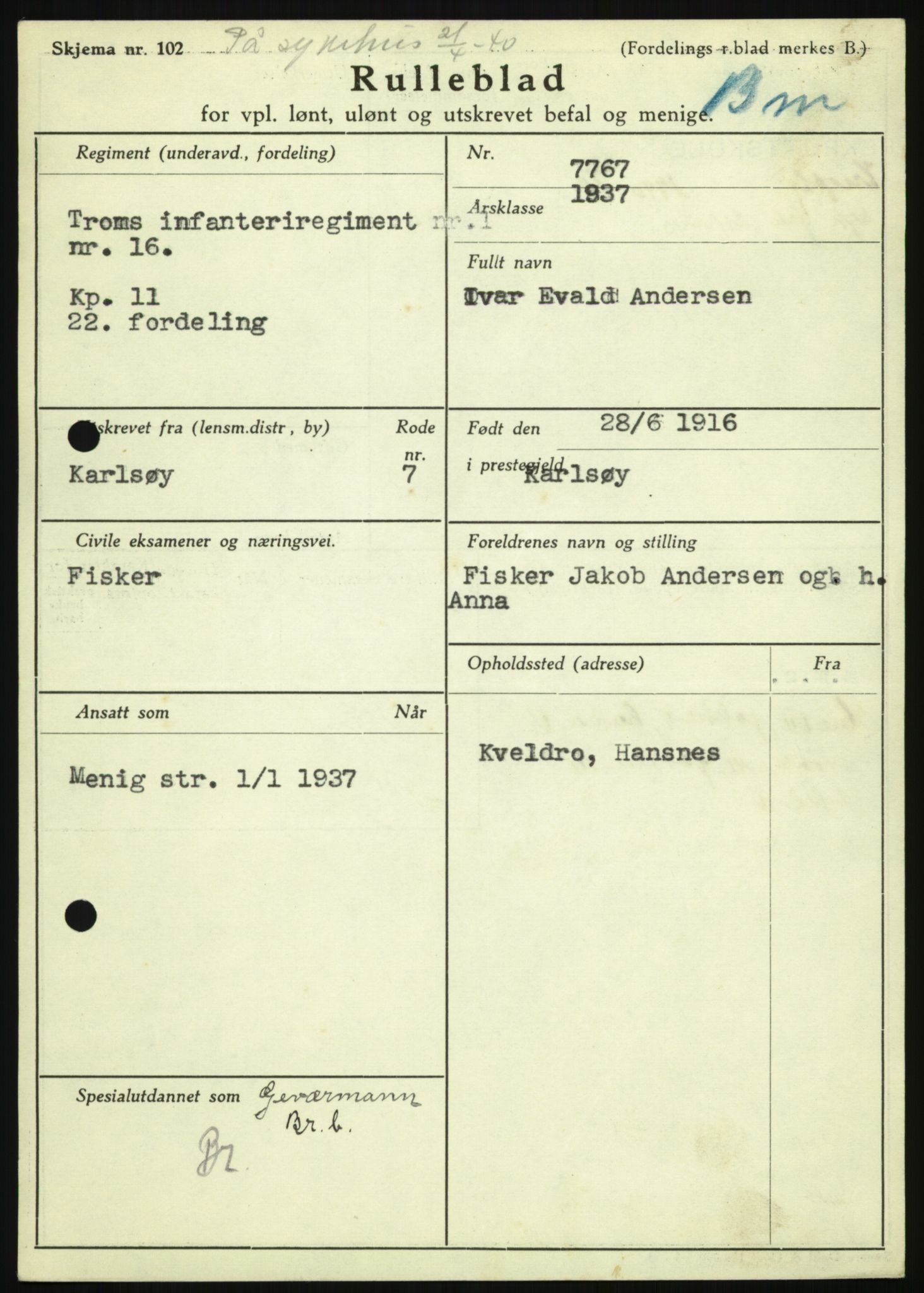 Forsvaret, Troms infanteriregiment nr. 16, AV/RA-RAFA-3146/P/Pa/L0021: Rulleblad for regimentets menige mannskaper, årsklasse 1937, 1937, s. 3