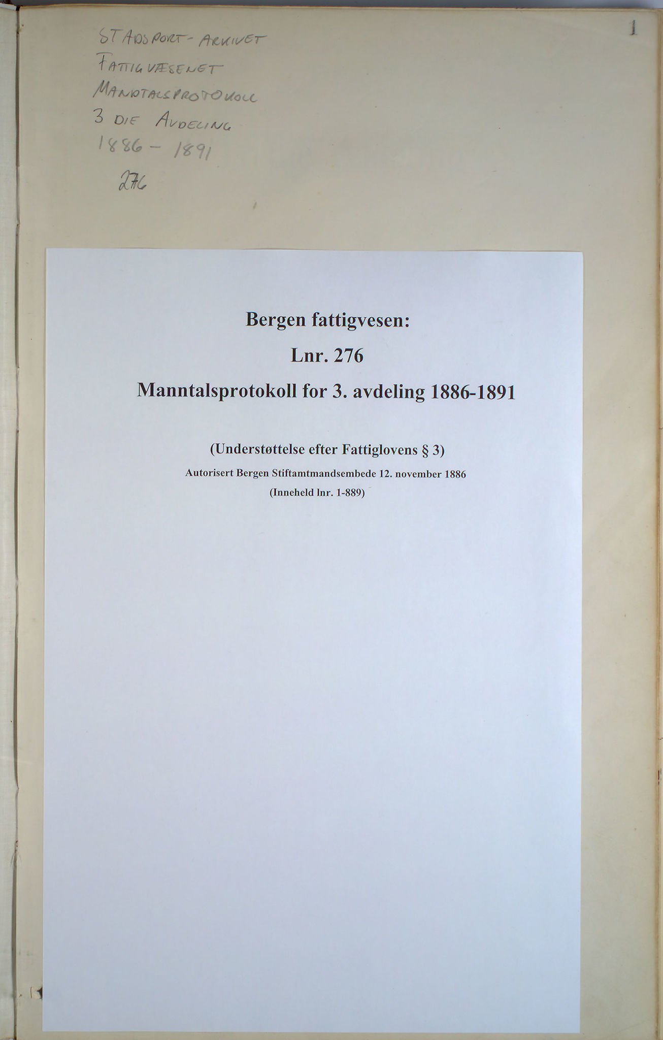 Bergen fattigvesen, BBA/-, 1886-1891, s. 1