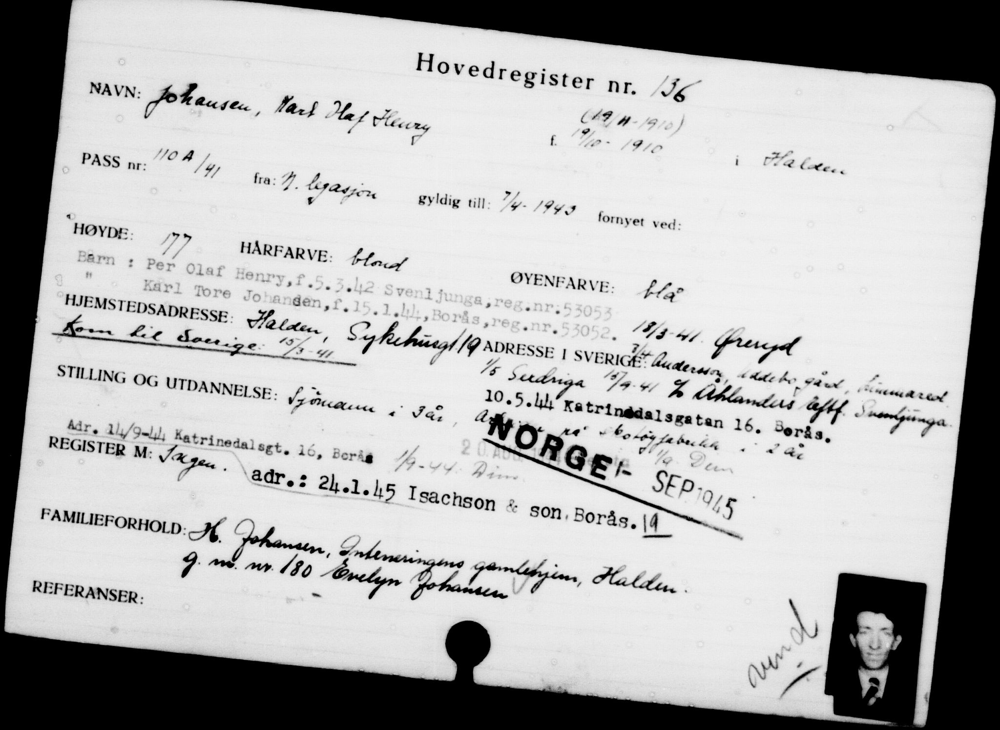 Utenriksstasjonene, Legasjonen i Stockholm, Flyktningkontoret, AV/RA-S-6753/V/Va/L0001: Kjesäterkartoteket, flyktninger med registreringsnr. 1-1000, 1940-1945, s. 221