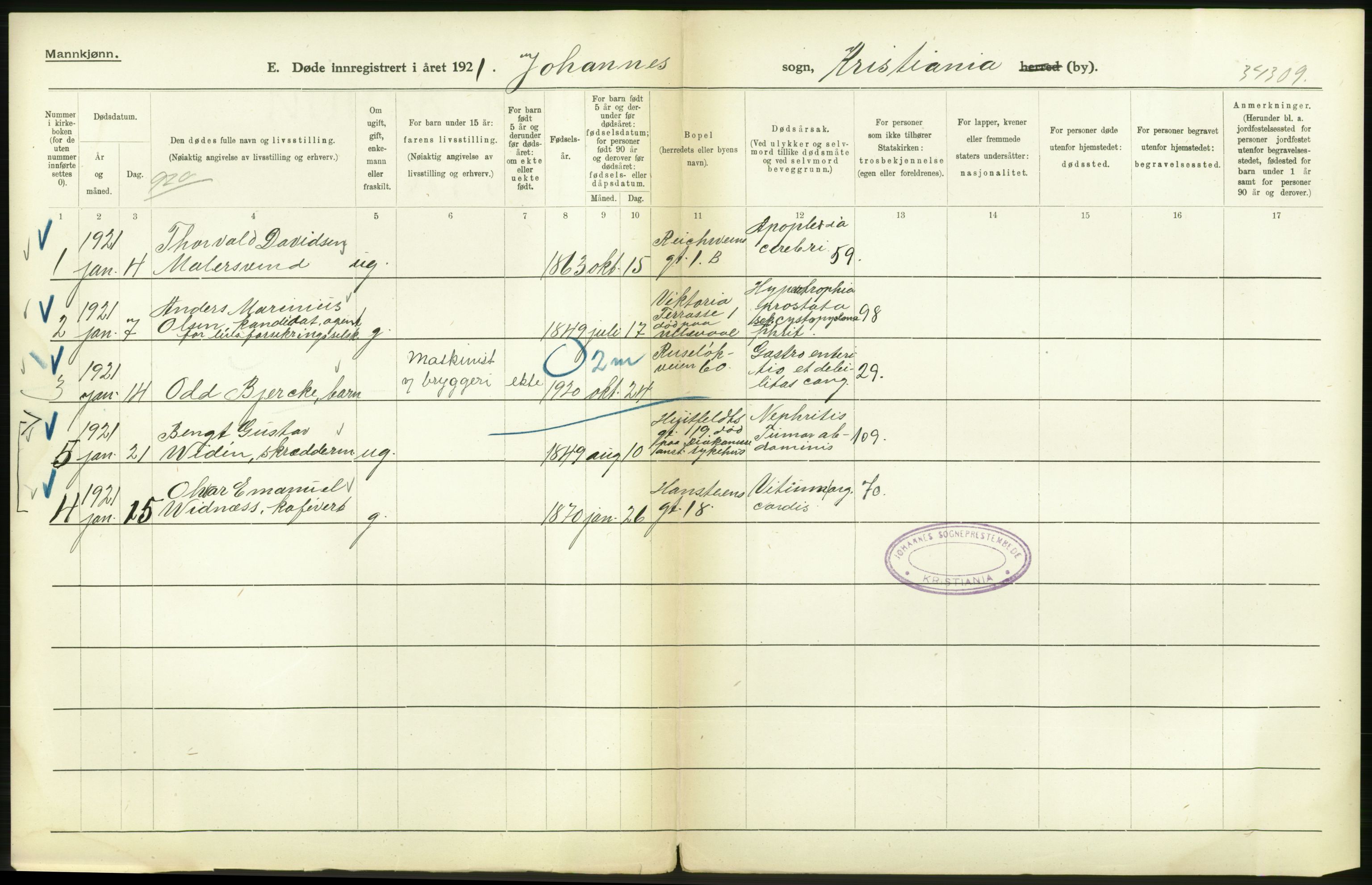 Statistisk sentralbyrå, Sosiodemografiske emner, Befolkning, AV/RA-S-2228/D/Df/Dfc/Dfca/L0012: Kristiania: Døde, 1921, s. 536