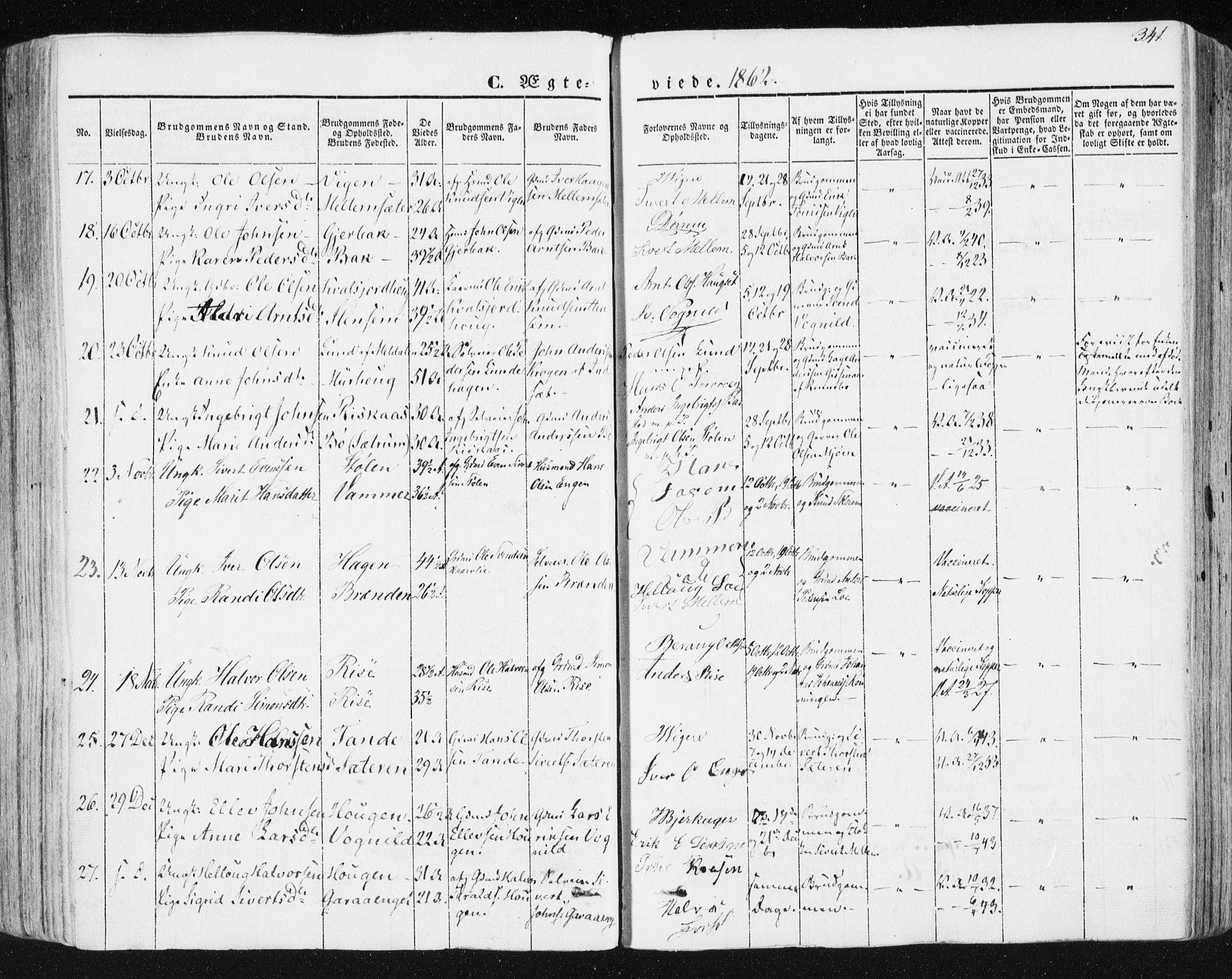 Ministerialprotokoller, klokkerbøker og fødselsregistre - Sør-Trøndelag, SAT/A-1456/678/L0899: Ministerialbok nr. 678A08, 1848-1872, s. 341