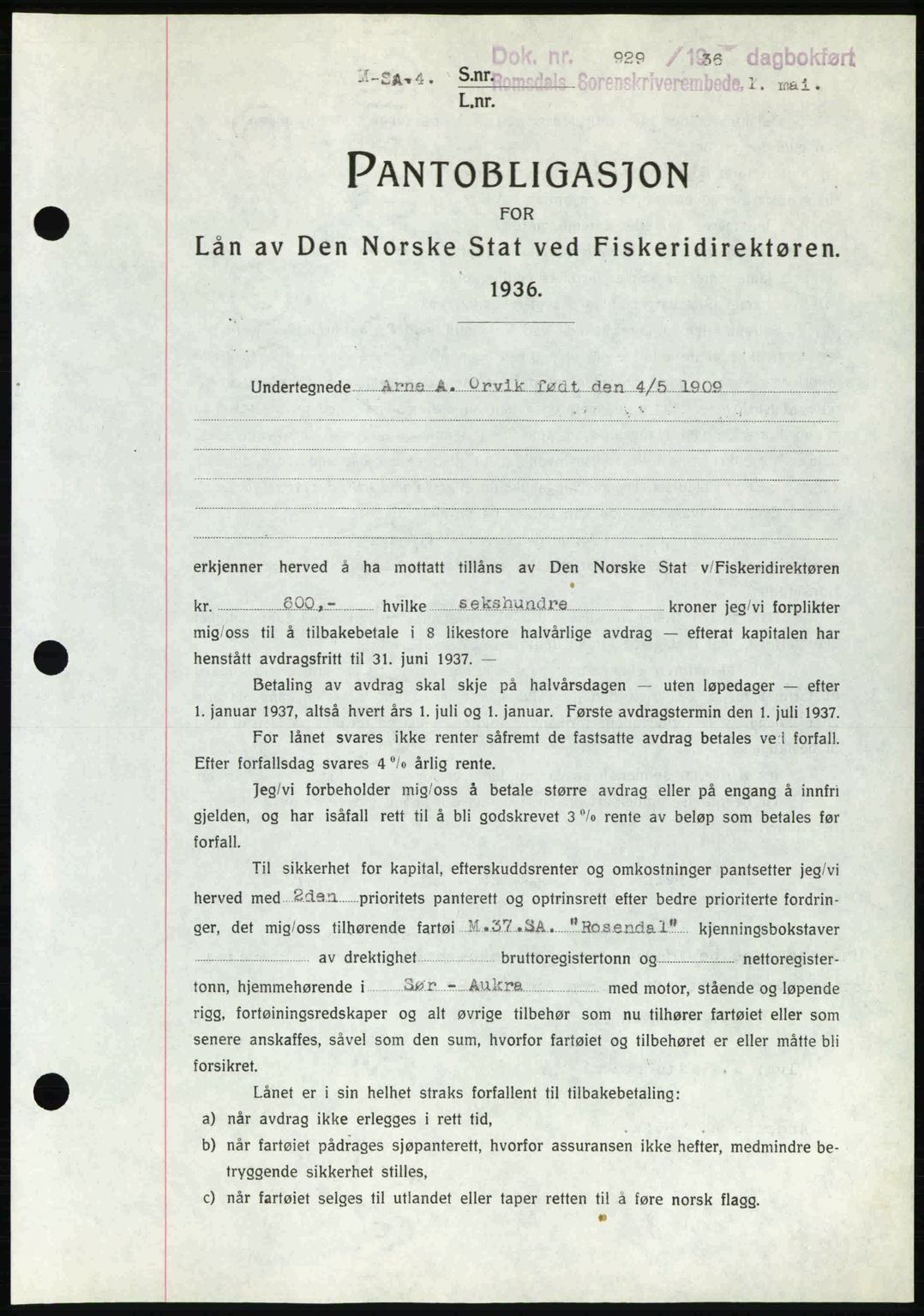Romsdal sorenskriveri, SAT/A-4149/1/2/2C: Pantebok nr. B1, 1936-1939, Dagboknr: 929/1936