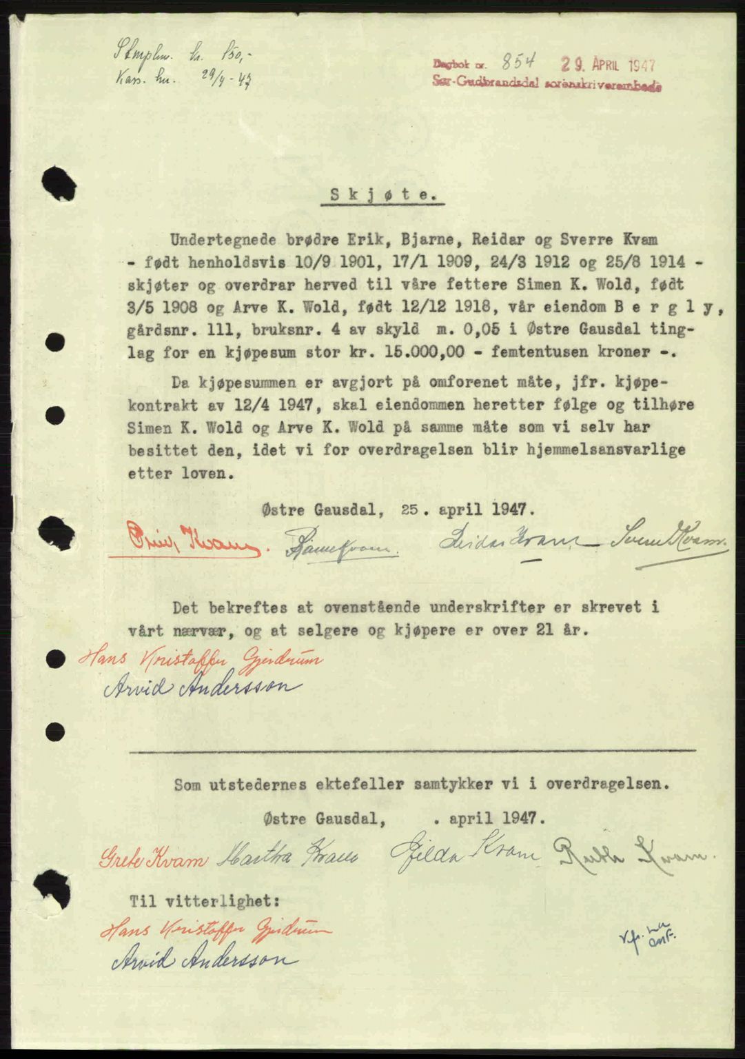 Sør-Gudbrandsdal tingrett, SAH/TING-004/H/Hb/Hbd/L0018: Pantebok nr. A18, 1947-1947, Dagboknr: 854/1947