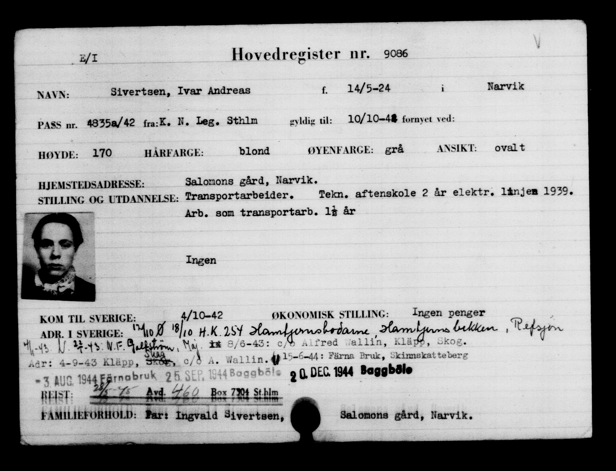Utenriksstasjonene, Legasjonen i Stockholm, Flyktningkontoret, AV/RA-S-6753/V/Va/L0005: Kjesäterkartoteket, flyktninger med registreringsnr. 6600-9417, 1940-1945, s. 2929