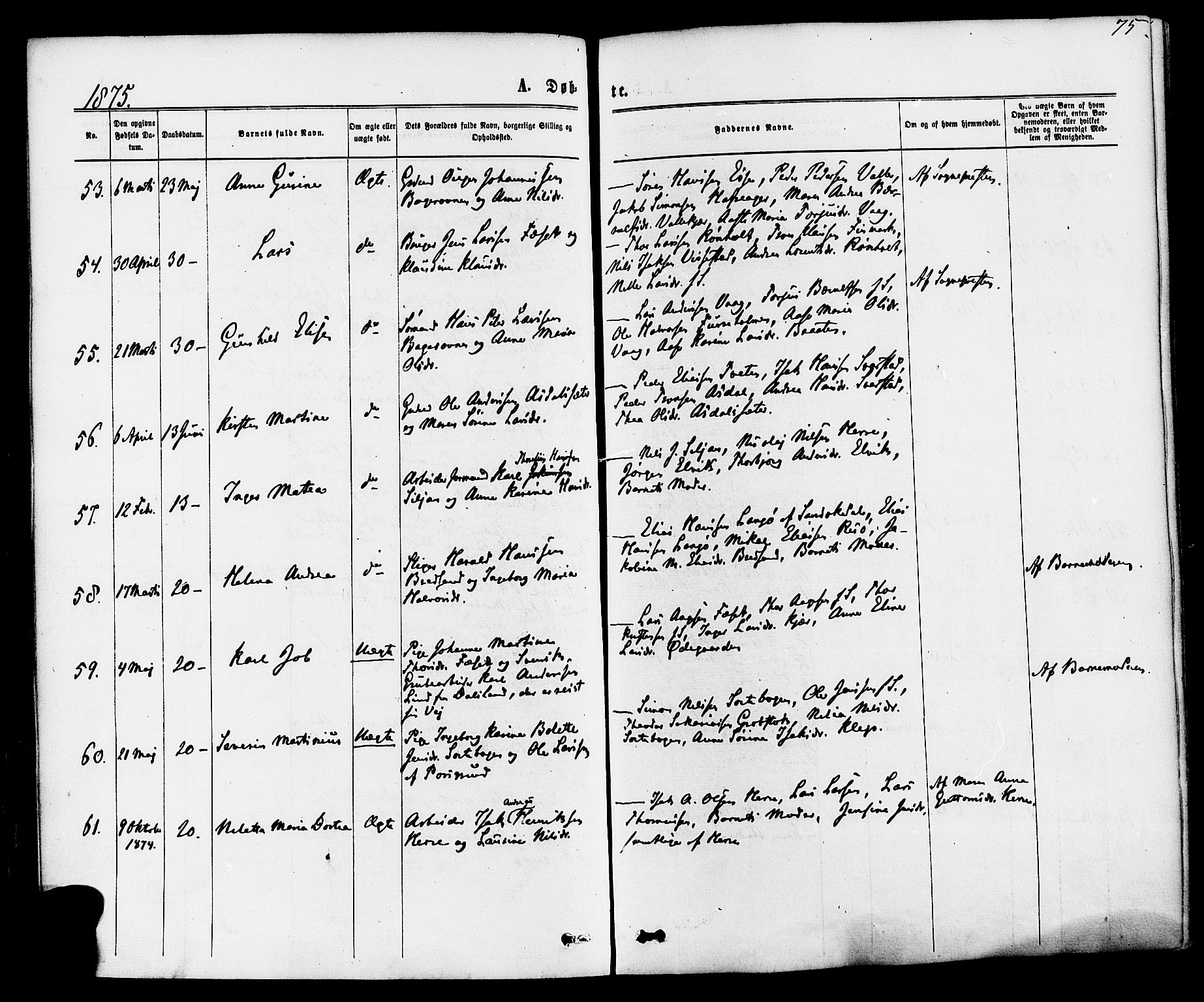 Bamble kirkebøker, AV/SAKO-A-253/F/Fa/L0006: Ministerialbok nr. I 6, 1869-1877, s. 75