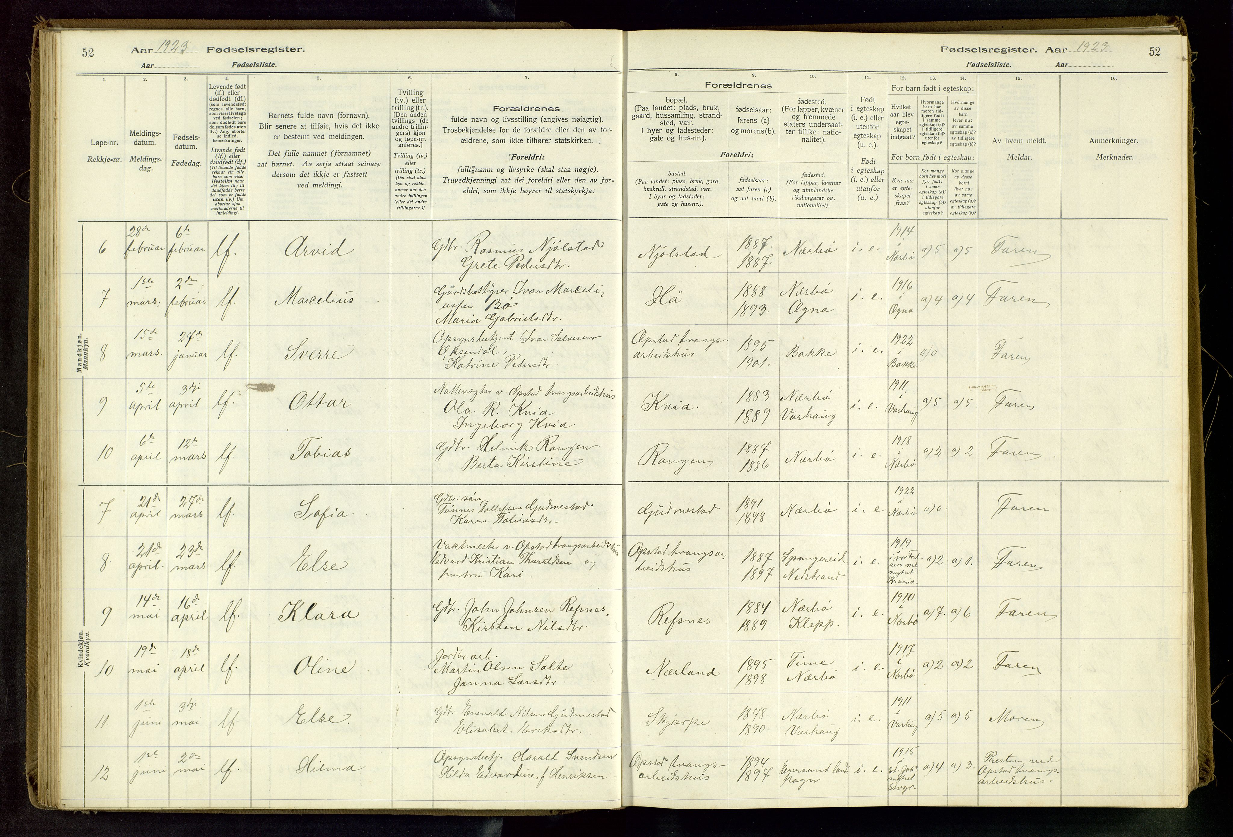 Hå sokneprestkontor, AV/SAST-A-101801/002/C/L0001: Fødselsregister nr. 1, 1916-1945, s. 52