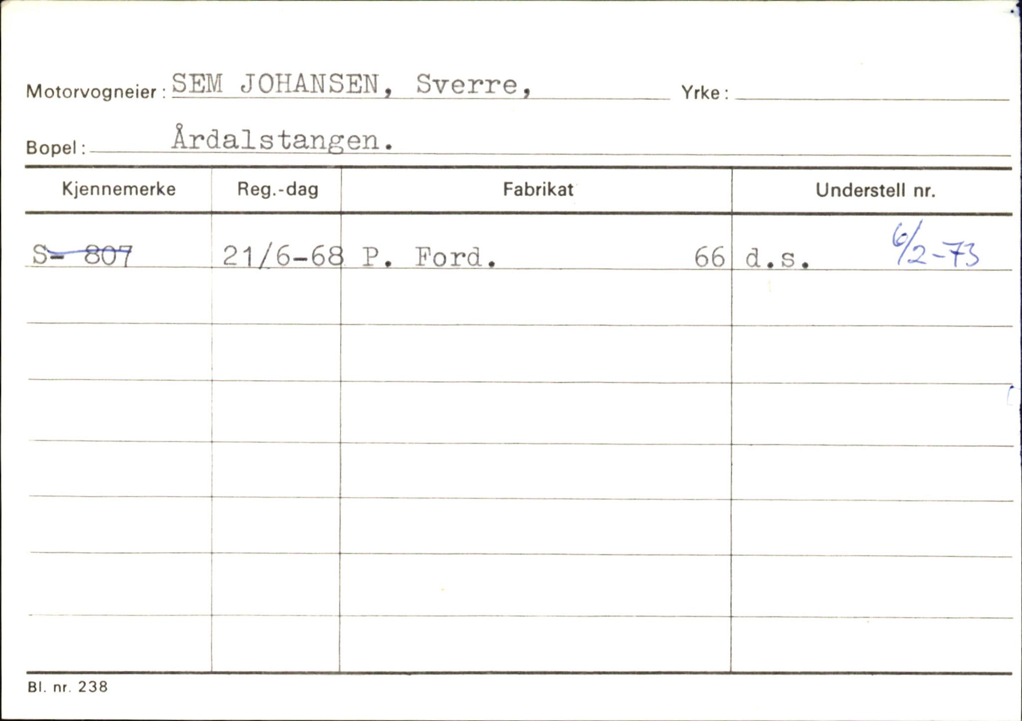 Statens vegvesen, Sogn og Fjordane vegkontor, SAB/A-5301/4/F/L0146: Registerkort Årdal R-Å samt diverse kort, 1945-1975, s. 278